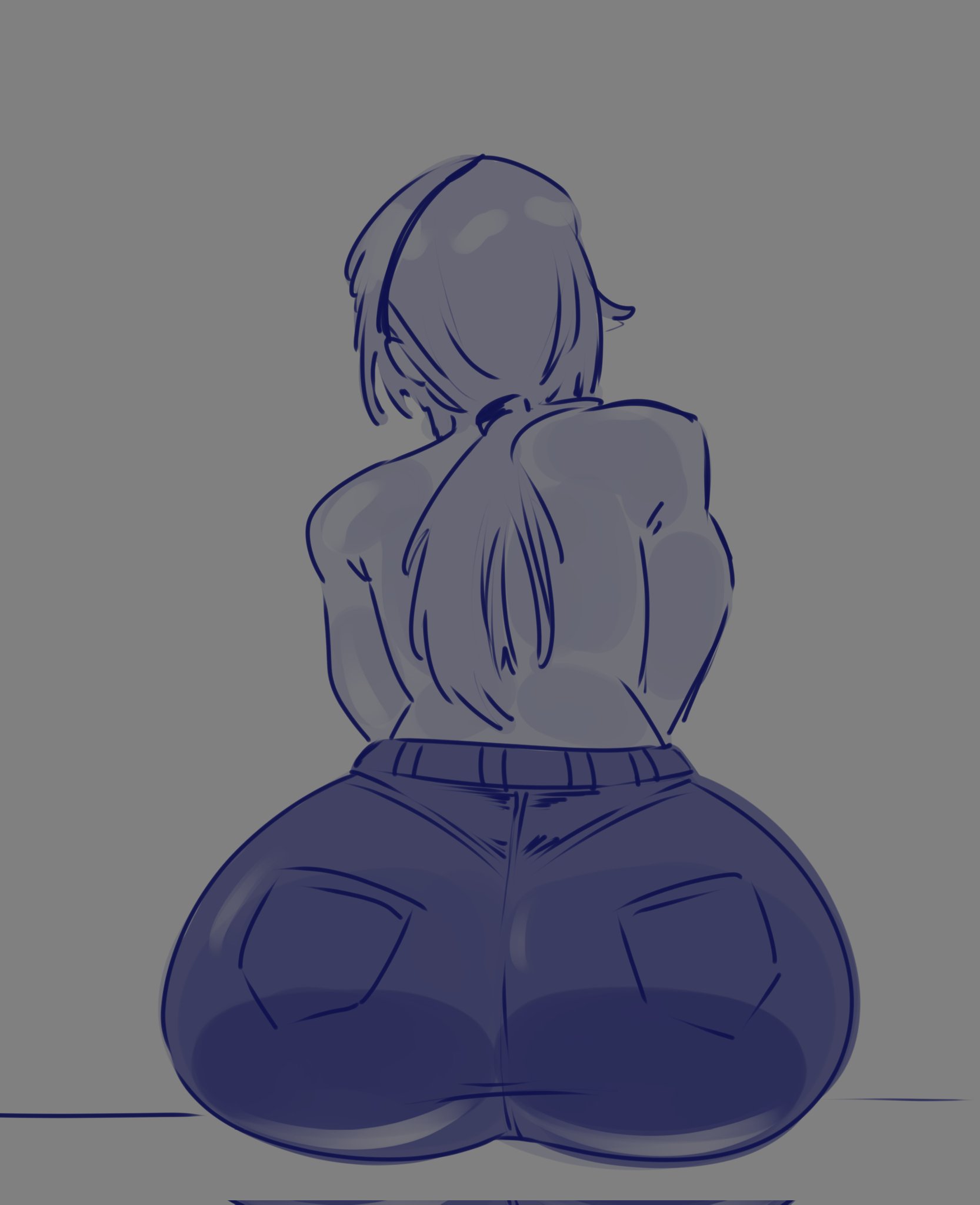 1girls, ass, ass focus, big ass, chainsaw man, clothed, female, female focus, female only, from behind, huge ass, monochrome, pants, ponytail, quanxi (chainsaw man), sitting, solo, solo female, solo focus, thick, thick ass, thick thighs, x yarita