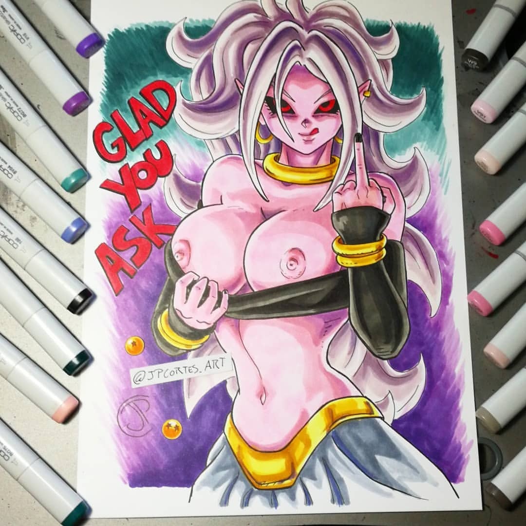 1girls, 2010s, android 21, black sclera, breasts, curvy, dark persona, dragon ball, dragon ball (object), dragon ball fighterz, drawn, female, female only, humanoid, jpcortes, large breasts, long hair, majin, majin android 21, nipples, photo (medium), pink skin, pointy ears, red eyes, solo, traditional media (artwork), white hair