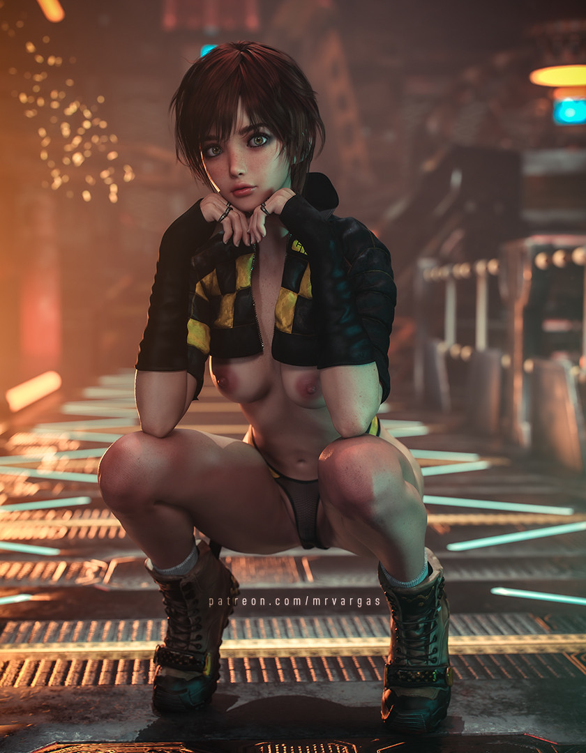 1girls, 2025, 3d, ankle boots, areola slip, areolae, bangs, belly, blurry background, boots, breasts, breasts out, brown hair, crop top, crop top jacket, crouching, crouching female, cute pose, exposed, exposed breasts, eyeshadow, female, female only, fingerless gloves, freckles, freckles on chest, freckles on face, front view, hazel eyes, hiking boots, honey eyes, indoors, jacket, knees, labia, legs apart, light eyes, light skin, light-skinned female, lily artemis ii, lipstick, looking at viewer, medium breasts, mesh panties, military boots, mrvargas, navel, nipples, no bra, on toes, panties, pantsless, pantsless female, pink lipstick, pose, pussy, pussy visible through clothes, pussy visible through panties, ring, rings, shaved crotch, shoes, short hair, skinny, skinny female, small clothes, small clothing, socks, solo, squatting, stellar blade, straight hair, thighs, underwear, vulva, wardrobe malfunction, wide hips
