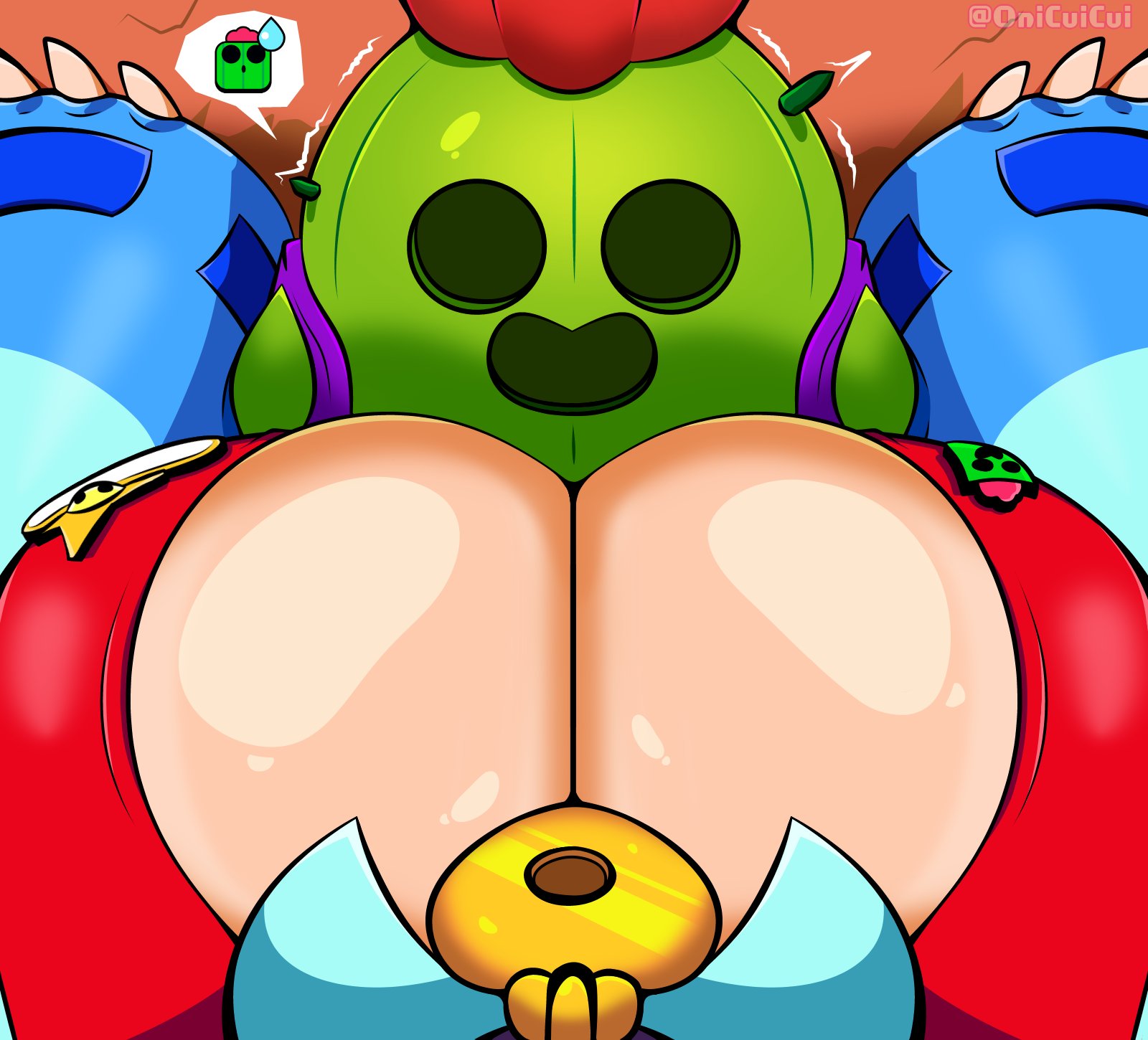 big breasts, brawl stars, breasts, cactus, colette (brawl stars), female, onicuicui, spike (brawl stars), stuck in wall, supercell, wall