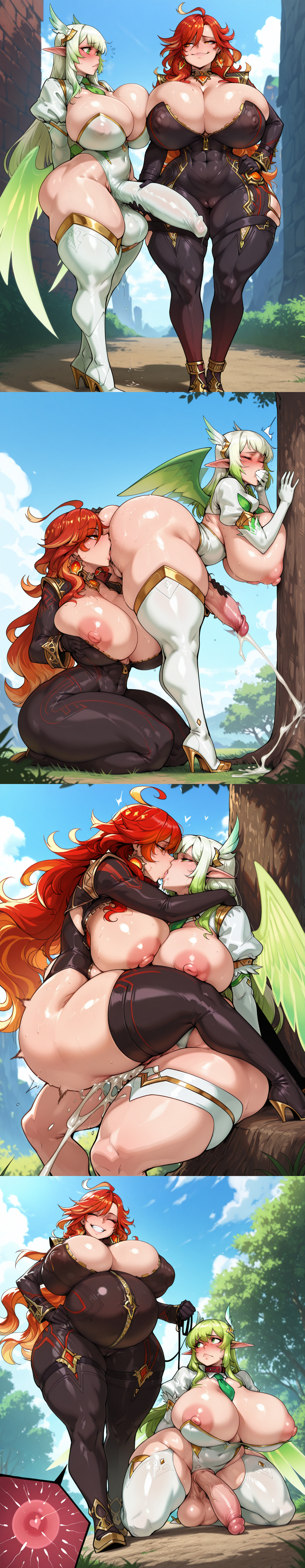 1futa, 4koma, against tree, ai generated, anilingus, arms behind back, behind another, bent over, black bodysuit, blush, boot, breasts out, cleavage, closed eyes, clothing cutout, covered abs, covered nipples, covered penis, covered pussy, covering own mouth, crossover, cum overflow, curvy figure, elbow gloves, elsword, erection under clothes, feather-trimmed sleeves, female, femdom, flustered, from side, futa on female, futa with female, futanari, genshin impact, gigantic breasts, grabbing another's ass, green eyes, green hair, green necktie, green wings, hair ornament, hand on own hip, handjob, head between breasts, high heel boots, hoyoverse, huge nipples, inflation, kissing, large breasts, large penis, large testicles, larger female, leg lock, legs together, leotard, long hair, looking at another, looking to the side, mavuika (genshin impact), necktie, open mouth, outdoors, pantyhose, penis grab, pointy ears, precum drip, profile, projectile cum, puffy short sleeves, rena (elsword), rogue klbr, rusty trombone, seiza, sex, shoulder-to-shoulder, shrug (clothing), sitting on person, size difference, smaller futa, smug, standing, straight-on, strapless leotard, thick thighs, thigh cutout, tucked penis, upright straddle, vaginal penetration, very long hair, white hair ornament, white pantyhose, white shrug, white skirt, wings, zipper pull tab