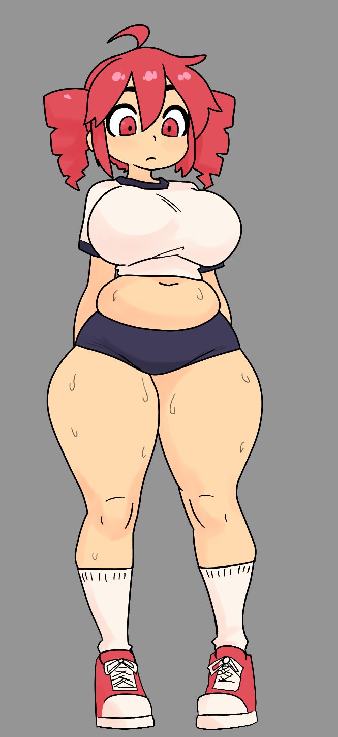 1girls, 2d, 2d (artwork), ahoge, belly, big belly, big breasts, big thighs, bloomers, breasts, chubby, chubby female, clothed, clothed female, clothing, curvaceous, curvy, curvy female, curvy figure, diabeticcat, excessive sweat, exercise, exercise clothing, exercising, exposed belly, eyelashes, fat breasts, fat thighs, female, female only, fully clothed, grey background, hips wider than shoulders, huge belly, huge breasts, huge thighs, kasane teto, large breasts, large thighs, looking down, navel, plump, plump breasts, plump thighs, red eyes, red hair, shirt, shoes, short shorts, shorts, simple background, skindentation, sneakers, socks, solo, solo female, sports shorts, sportswear, sweat, sweatdrop, sweating, thick thighs, thighs, thighs bigger than head, twin drills, utau, voluptuous, voluptuous female, wide hips
