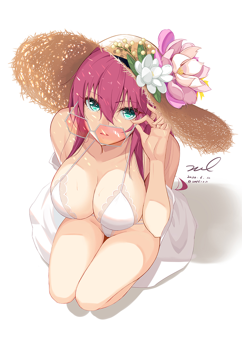 1girls adjusting_eyewear adjusting_glasses azur_lane bad_perspective bangs bare_shoulders bikini breasts cleavage collarbone dated eyebrows_visible_through_hair female flower flower_hat from_above green_eyes hair_between_eyes hat huge_breasts kneeling large_breasts long_hair looking_at_viewer looking_over_eyewear looking_over_glasses orange-tinted_eyewear orange-tinted_glasses red_hair signature simple_background solo straw_hat sunglasses surcouf_(azur_lane) surcouf_(loisirs_balneaires)_(azur_lane) swimsuit thighs tinted_eyewear unel white_background white_bikini