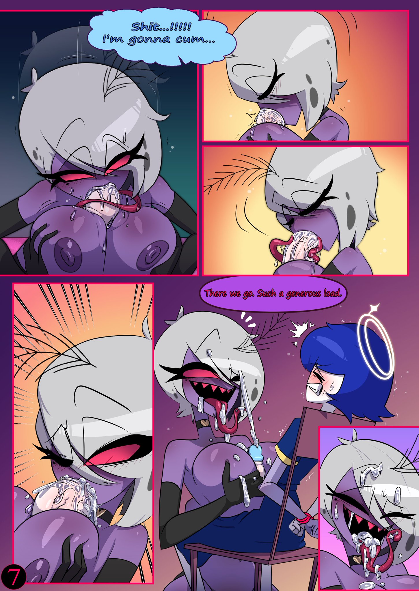 big breasts, blowjob, blue hair, cum in mouth, cum on face, female valentino, hazbin hotel, long tongue, pale skin, purple skin, rule 63, sex, tagme, tied hands, titfuck, usagi star, valentino (hazbin hotel), white hair