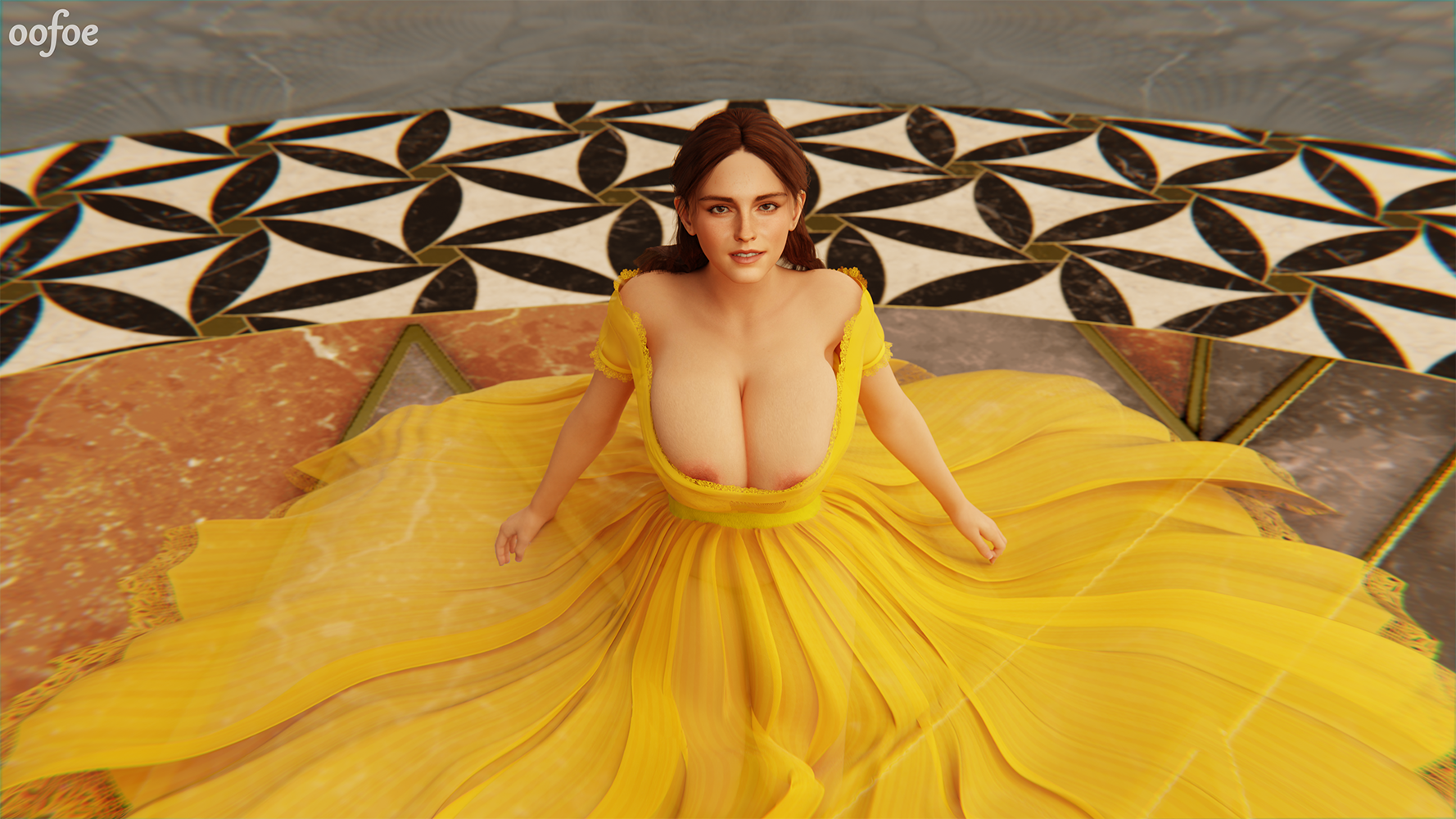 1girls, 3d, 3d render, ball gown, beauty and the beast (1991 film), beauty and the beast (2017), belle (beauty and the beast), big breasts, blender, blender (artwork), blender (software), blender cycles, brown hair, cleavage, disney, disney princess, dress, emma watson, fully clothed, huge breasts, looking at viewer, nipple peek, nipples, oofoe, scene reference, self upload, yellow dress