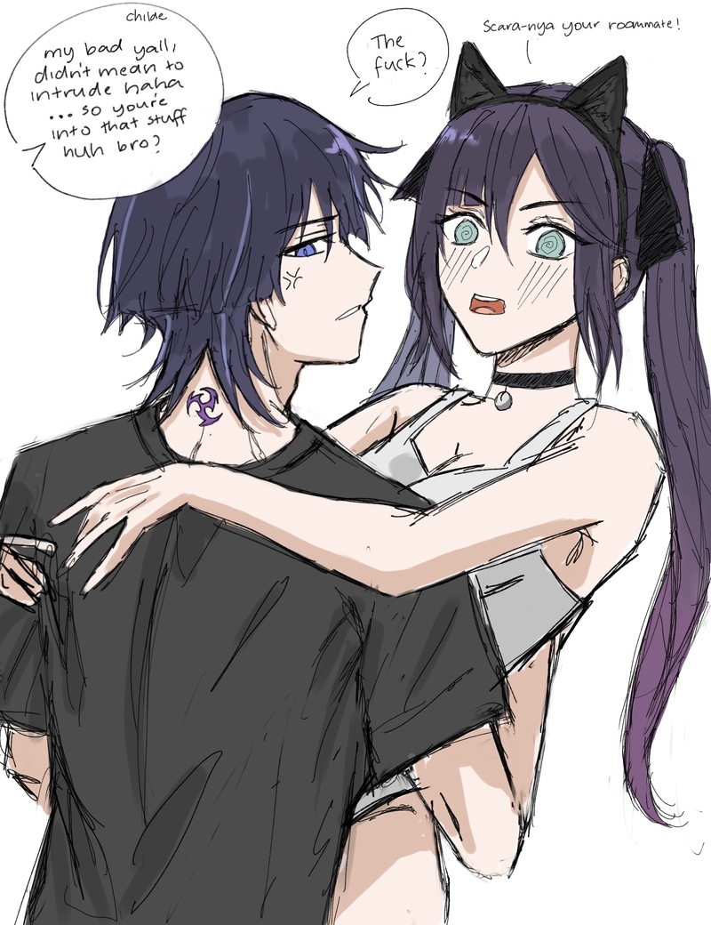 1boy, 1girls, anger vein, cat ears, caught, childe (genshin impact), english text, fake animal ears, female, genshin impact, hugging, interrupted, long hair, male, male/female, mona (genshin impact), out of frame male, scaramouche (genshin impact), speech bubble, straight, suggestive, tartaglia (genshin impact), twintails