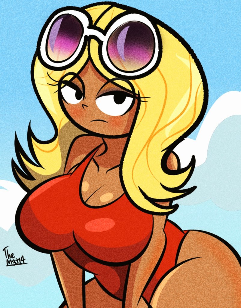 bikini, breasts, character request, curvaceous, curvaceous female, curvaceous figure, curvy, curvy figure, curvy hips, diego mejia, disney, disney channel, disney xd, female, female focus, female only, kick buttowski, large breasts, lifeguard, looking at viewer, shannon (kick buttowski), short hair, tan body, tan skin, tanline, yellow hair