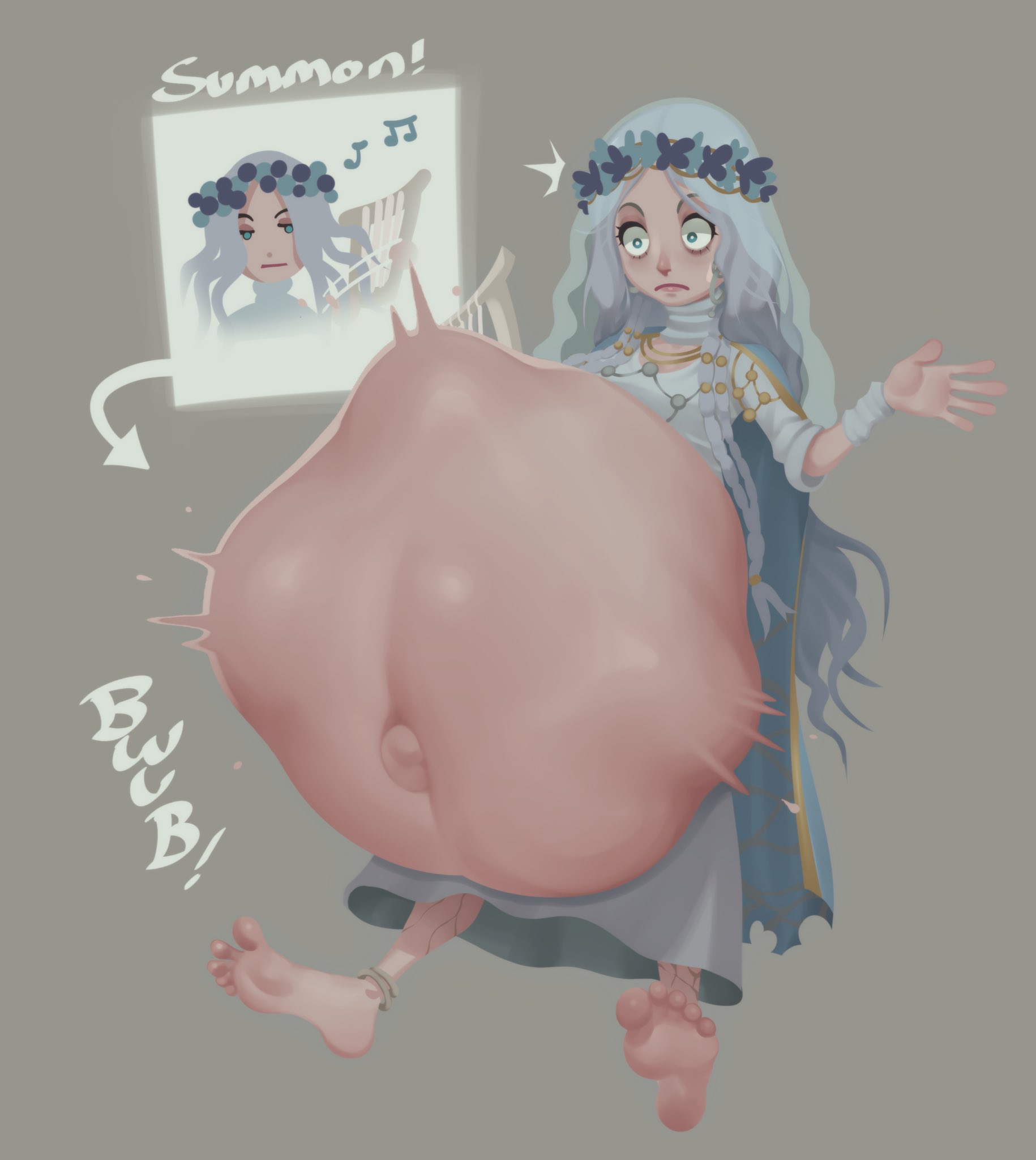 accidental vore, breasts, elden ring, elden ring nightreign, female, fromsoftware, hellbrain, huge belly, huge belly button, hyper, hyper belly, imminent death, imminent digestion, implied digestion, prey bulge, revenant (nightreign), same size vore, shock, shocked, shocked expression, shocked eyes, shocked face, struggling, struggling prey, summoning, summoning gone wrong, surprise, surprised, surprised expression, surprised face, unexpected, unwilling pred, unwilling prey, unwilling vore, vore, vore belly