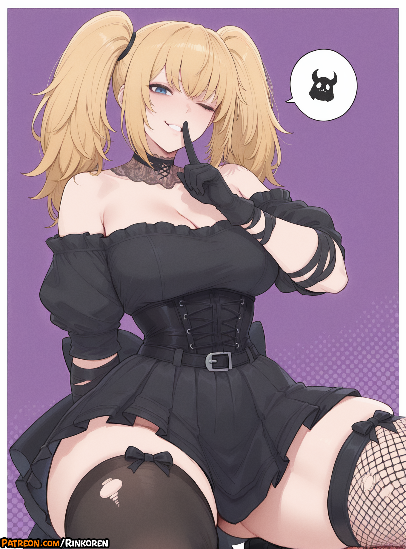 2025, ai assisted, ai generated, ani (twitter), anime, anime girl, anime style, artist name, bangs, bare shoulders, black dress, black gloves, black thighhighs, blonde hair, blue eyes, breasts, cleavage, dress, female, finger to mouth, fishnet thighhighs, fishnets, gloves, grin, grok, grok (x), grok (xai), hi res, high quality, high res, high resolution, highres, large breasts, long hair, looking at viewer, off shoulder, one eye closed, patreon, patreon username, purple background, rinkoai, shushing, smile, solo, thick thighs, thighhighs, thighs, torn clothes, torn thighhighs, twintails, uncensored, watermark