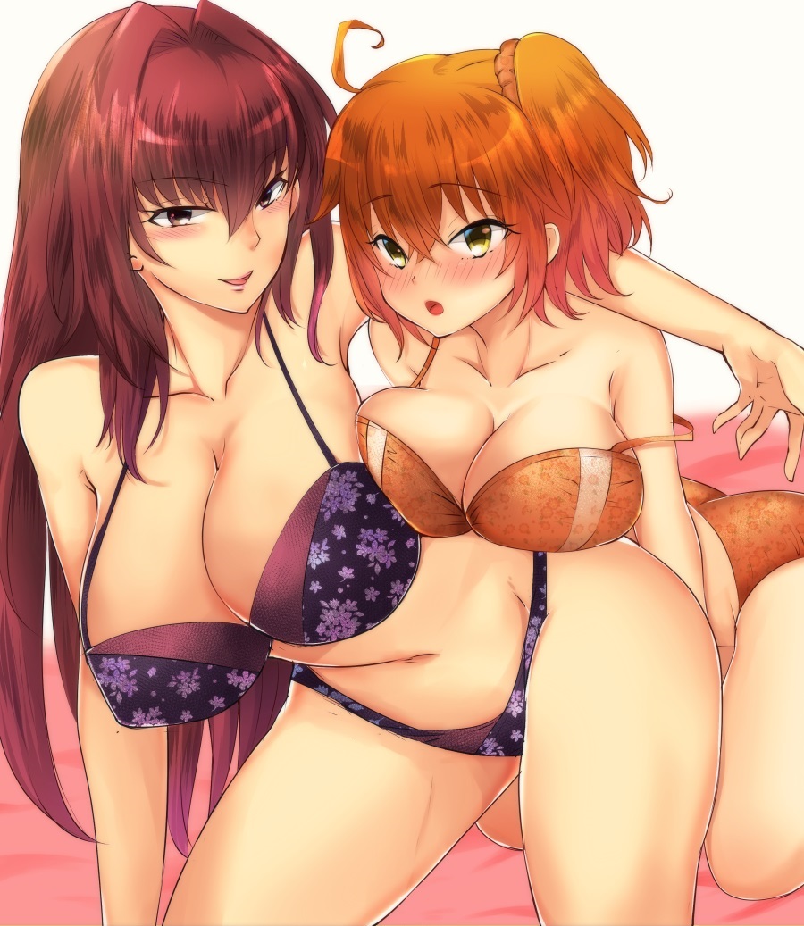 :d, :o, 2girls, abi (ababsksk), ahoge, alternate breast size, arm support, arms, artist request, bare arms, bare legs, bare shoulders, big breasts, bikini, blush, breast rest, breasts, brown eyes, cleavage, collarbone, fate (series), fate/grand order, female, fujimaru ritsuka (female), hair intakes, highres, huge breasts, human, large breasts, legs, lips, long hair, looking at viewer, midriff, multiple females, multiple girls, navel, neck, off shoulder, open mouth, orange bikini, orange hair, purple bikini, purple swimsuit, red hair, scathach (fate), short hair, shy, side ponytail, strap slip, swimsuit, type-moon, yuri