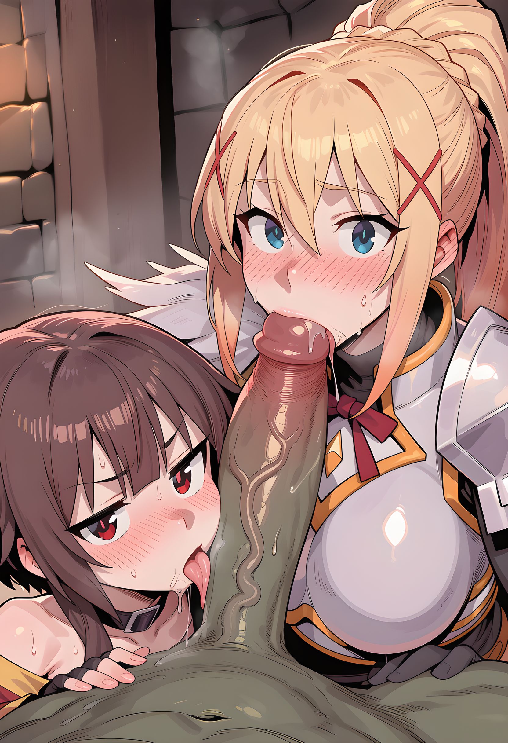 1boy, 2girls, ai generated, armor, armored female, big breasts, blonde hair, blowjob, blue eyes, breasts, brown hair, clothed, clothed female, clothing, cooperative fellatio, darkness (konosuba), ded 173, fellatio, female, green skin, green-skinned male, huge cock, human, human female, kono subarashii sekai ni shukufuku wo!, licking, licking penis, light skin, light-skinned female, male, male/female, megumin, naked, naked male, nude, nude male, oral, oral sex, orc, orc male, penis, ponytail, red eyes, tongue, tongue out