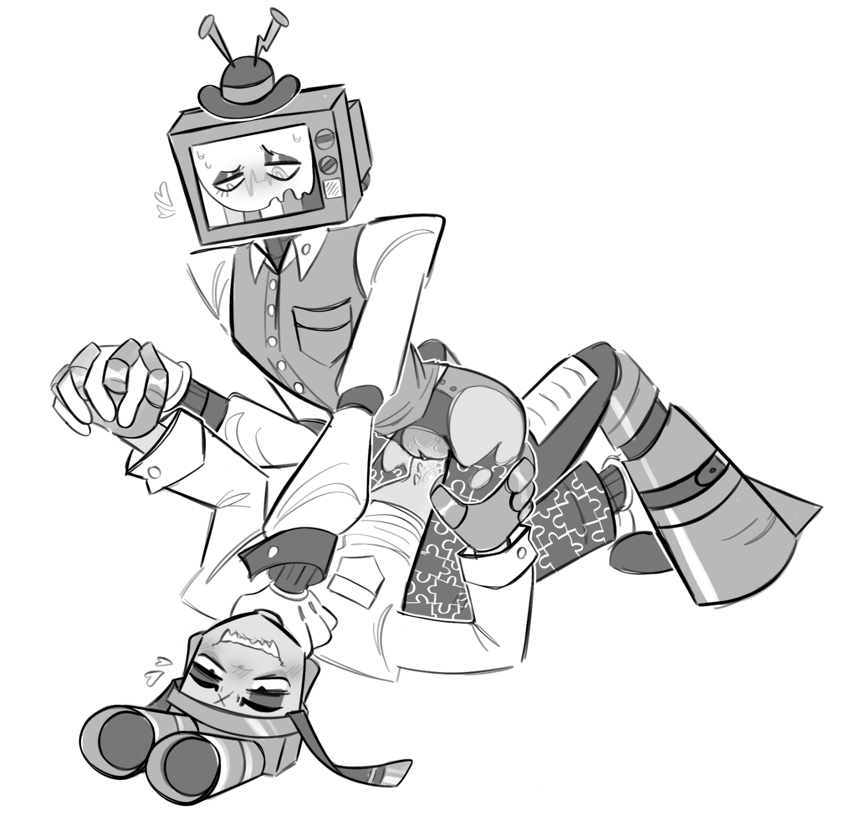 2boys, cuntboy, gunshow (smg4 ship), hand on neck, holding hands, intersex, looking pleasured, male, mr. puzzles, mr. wpnz, pussy, riding, smg4, smg4 art, tv head, vaginal penetration, vaginal sex