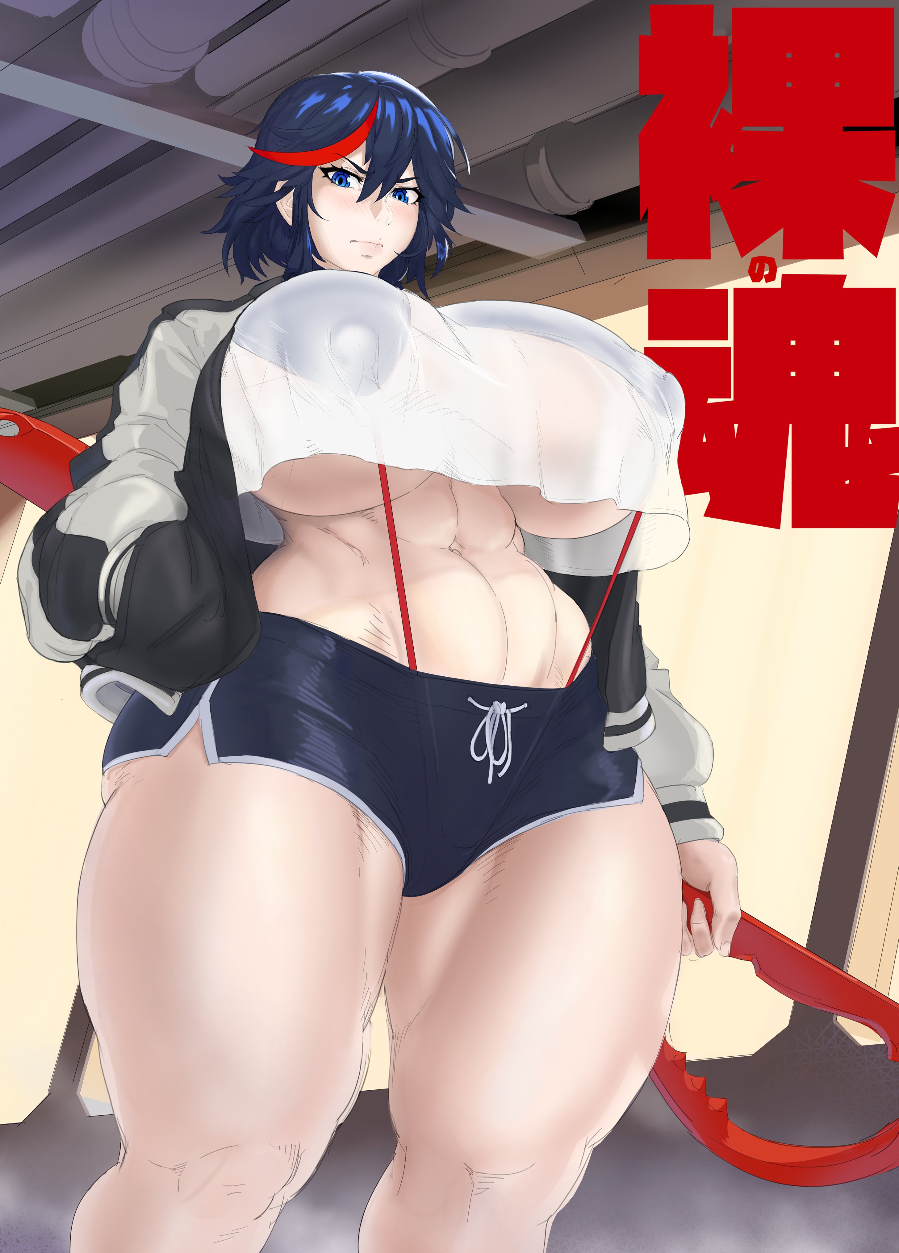 1girls, abs, angry, ass hanging out, ass hanging out of shorts, belly button, big breasts, black hair, blue eyes, blush, booty shorts, boyshorts, breasts, female, huge breasts, kill la kill, large breasts, looking at viewer, matoi ryuuko, short shorts, shorts, supersolenoid, t-shirt, tomboy, voluptuous, voluptuous female