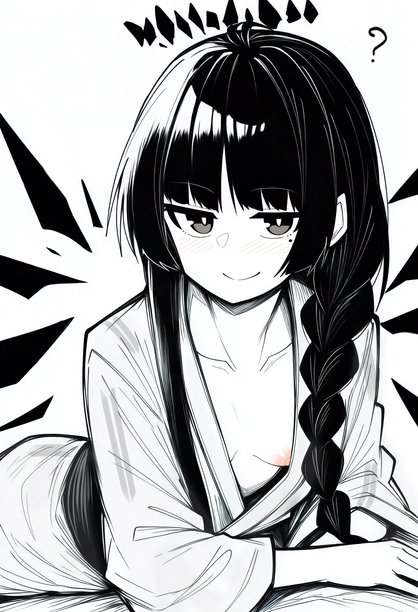 arknights, breasts, energy wings, female, female only, halo, japanese clothes, kimono, limited palette, makigirisu, monochrome, nipple slip, no bra, one breast out, virtuosa (arknights), yukata
