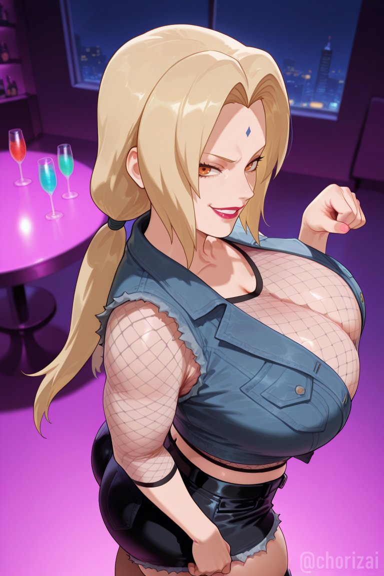 1girls, ai generated, asian, asian female, big breasts, blonde female, blonde hair, blonde-haired female, breasts, breasts bigger than head, breasts focus, brown eyes, brown-eyed female, chorizai, cleavage, denim, denim clothing, denim jacket, fellatio gesture, female, female only, fishnets, gigantic breasts, hips, huge breasts, large breasts, legs, light skin, light-skinned female, lipstick, looking at viewer, massive breasts, naruto, naruto (series), naruto shippuden, shiny skin, short hair, short-haired female, shorts, smirk, solo focus, tights, tsunade, voluptuous, yellow hair