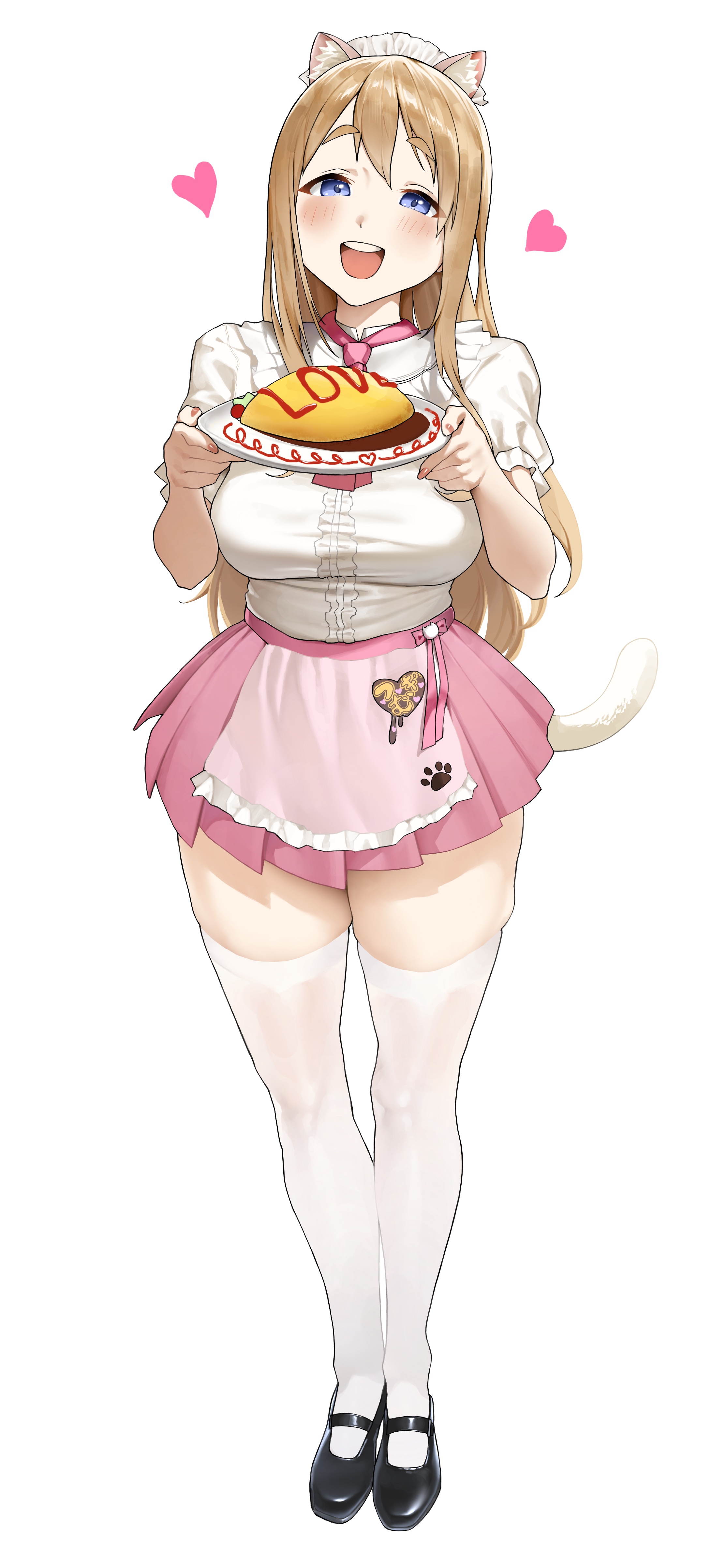 1girls, big eyebrows, blonde hair, blue eyes, cat ears, cat tail, female, heart, k-on!, saya endo (27), simple background, skirt, smiling at viewer, solo, tagme, tsumugi kotobuki (k-on!), waitress uniform, zettai ryouiki