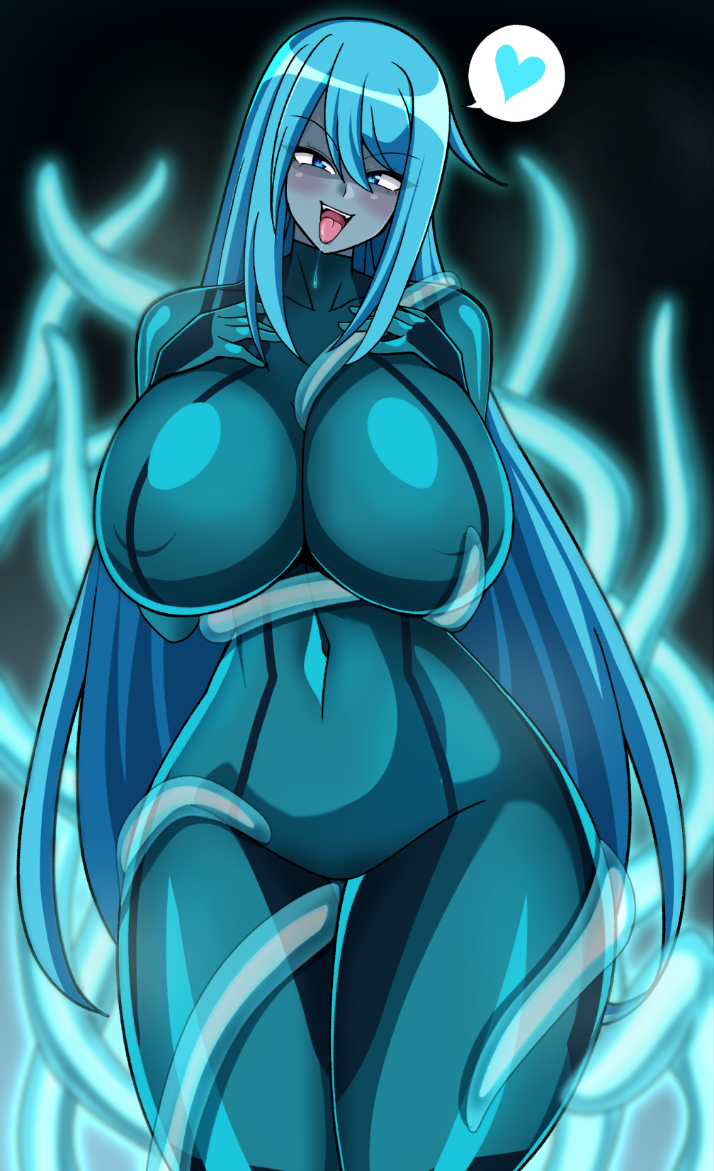 1girls, alien, aqua hair, big boobs, big breast, big breasts, blue eyes, blue hair, blue-haired female, bodysuit, breasts, dark samus, female, grey skin, heart, iriomote umineko, large breast, large breasts, long hair, metroid, nintendo, sitting, skin tight, sticking out tongue, sticking tongue out, tentacle, tentacles, tentacles around body, tentacles around breasts, tentacles around legs, very long hair, zero suit, zero suit dark samus