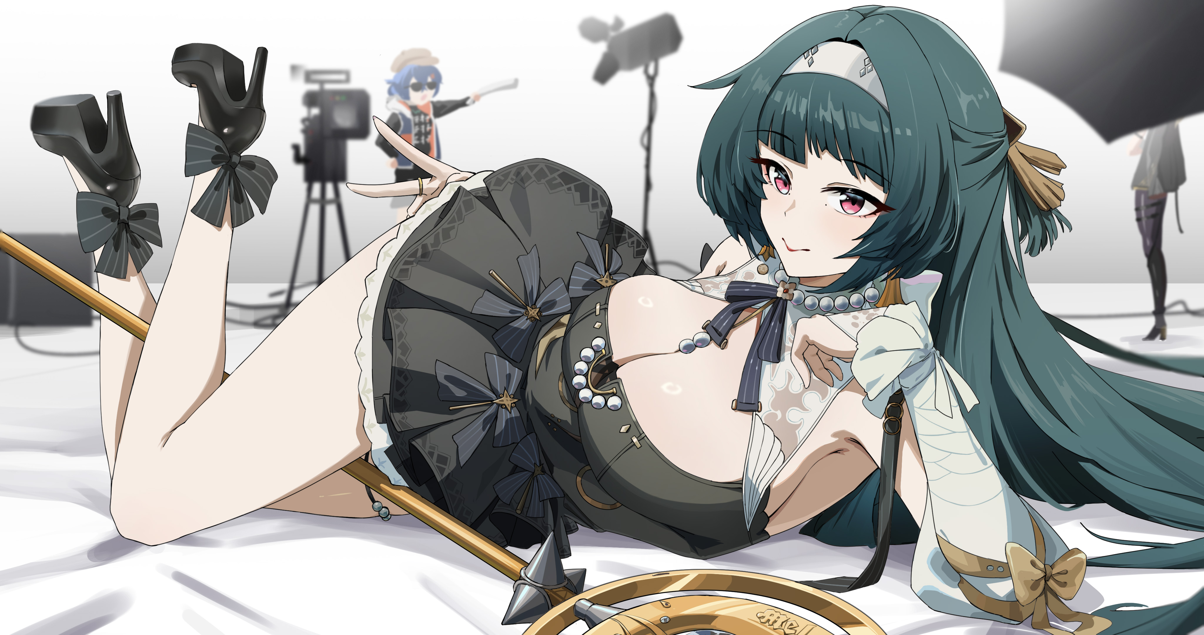 3girls, absurdres, astra yao, astra yao (chandelier), belle (zenless zone zero), black bow, black dress, black hair, black pants, black ribbon, black shirt, black shoes, bow, breasts, cable, camera, cleavage, cleavage cutout, clothing cutout, coat, dress, evelyn chevalier, female, female only, hairband, hat, headband, highres, holding, holding microphone stand, jewelry, large breasts, latex, latex legwear, latex pants, lying, microphone stand, movie camera, multiple females, multiple girls, necklace, official alternate costume, on side, pants, pearl necklace, photo shoot, photographer, red eyes, ribbon, shirt, shoes, sleeves rolled up, smile, sunglasses, thigh beads, thigh strap, umbrella, uneven bangs, v, video camera, white background, white hairband, white headband, yunmo (znfc8352), zenless zone zero