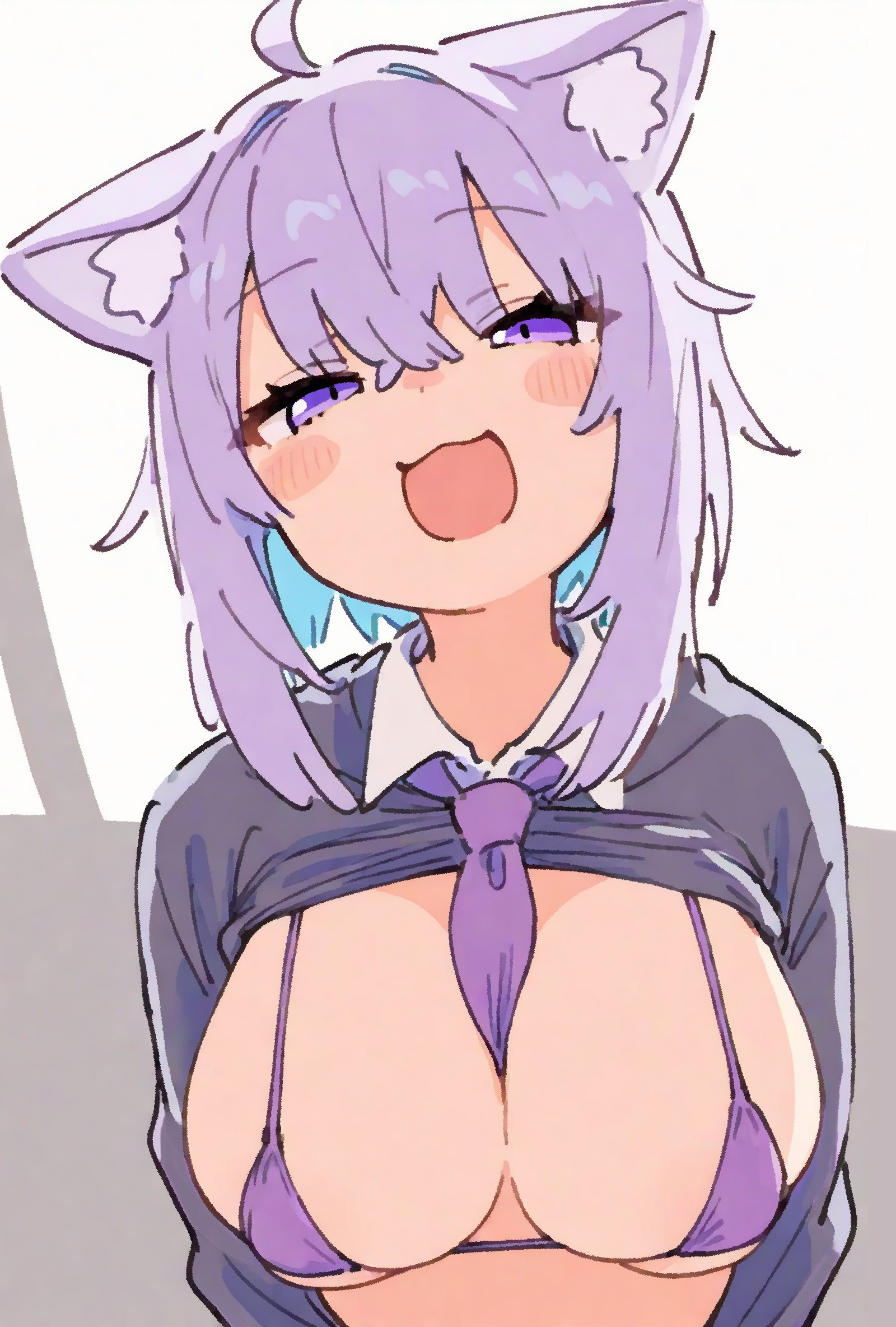 :3, :d, 1girls, blush stickers, breasts, cat girl, clothes lift, female, hololive, hololive gamers, hololive japan, large breasts, micro bikini, necktie, necktie between breasts, nekomata okayu, purple bikini, school uniform, shirt lift, solo, upper body, uuunw, virtual youtuber