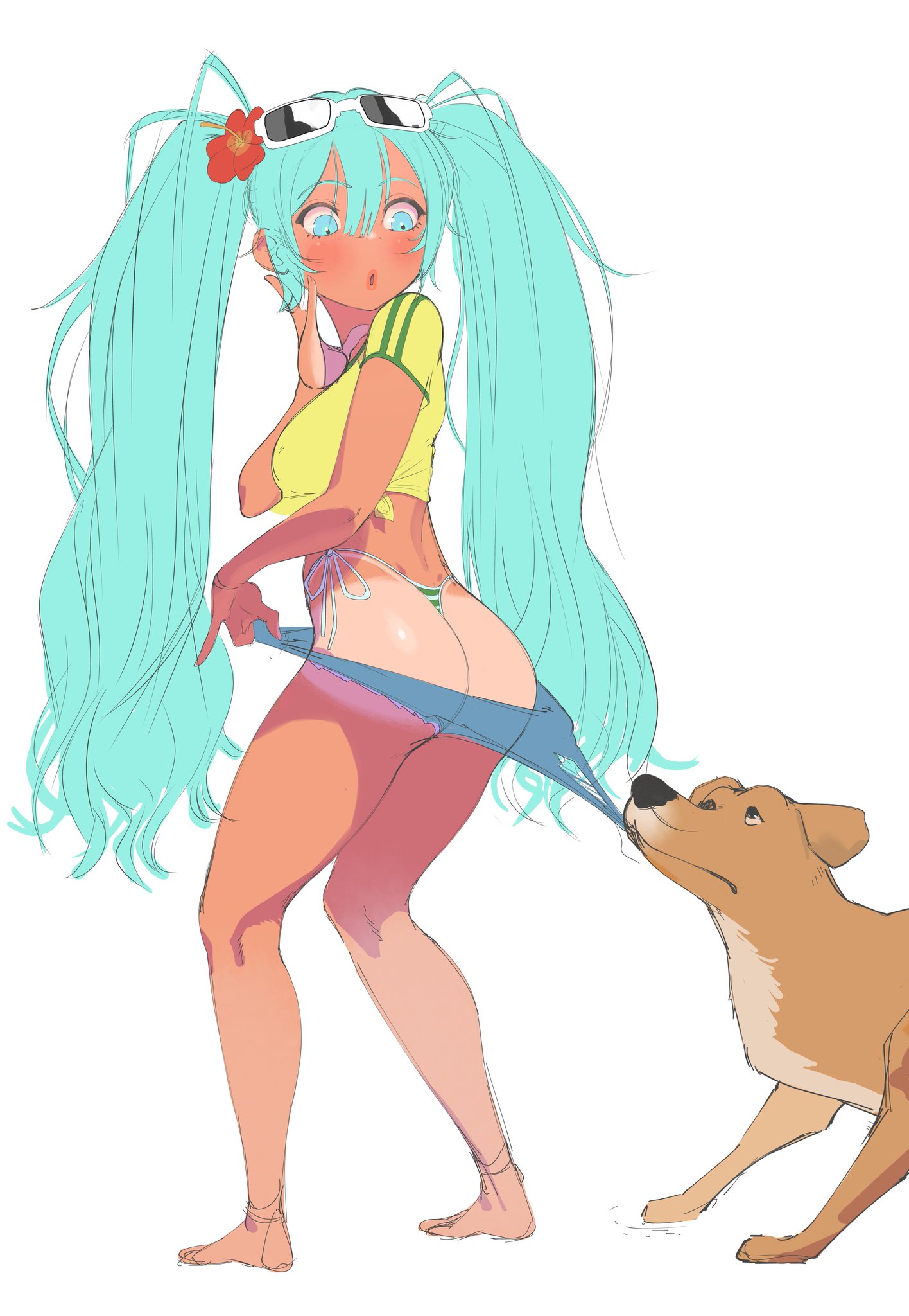 1girl, anklet, aqua eyes, aqua hair, ass, back view, barefoot, big ass, big breasts, big butt, big thighs, big titties, bikini, blush, brazilian miku, breasts, clothes pull, clothing, curvaceous, curvaceous female, curvaceous figure, curvy, curvy figure, curvy hips, cyan hair, dog, eyewear on head, female, female focus, female only, flower, hair flower, hair ornament, hatsune miku, jewelry, long hair, puraraw, shorts, simple background, solo, striped, striped bikini, sunglasses, swimsuit, tan, tan body, tan skin, tanlines, thong, twintails, underwear, very long hair, vocaloid, white background