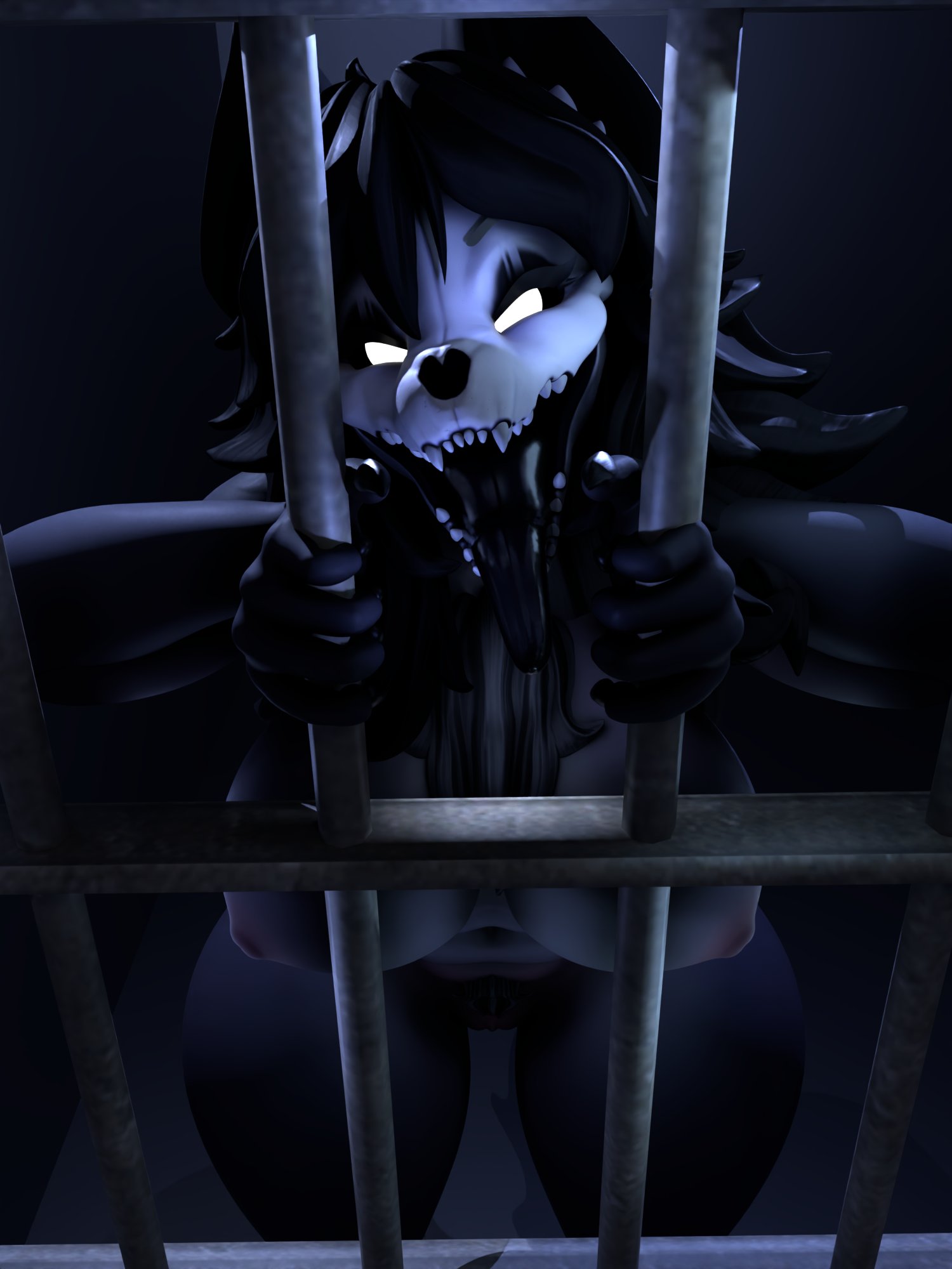 1girls, 3d, anthro, ass, big ass, black body, black fur, black hair, blush, cage, ears, female, furry, long hair, looking at viewer, mal0, malo, mereo, naked, naked female, nipples, nude, nude female, open mouth, scp foundation, scp-1471, scp-1471-a, scp-1471-a (da.nilkaz), skull head, solo, tongue, tongue out, wide hips, wolf, wolf girl