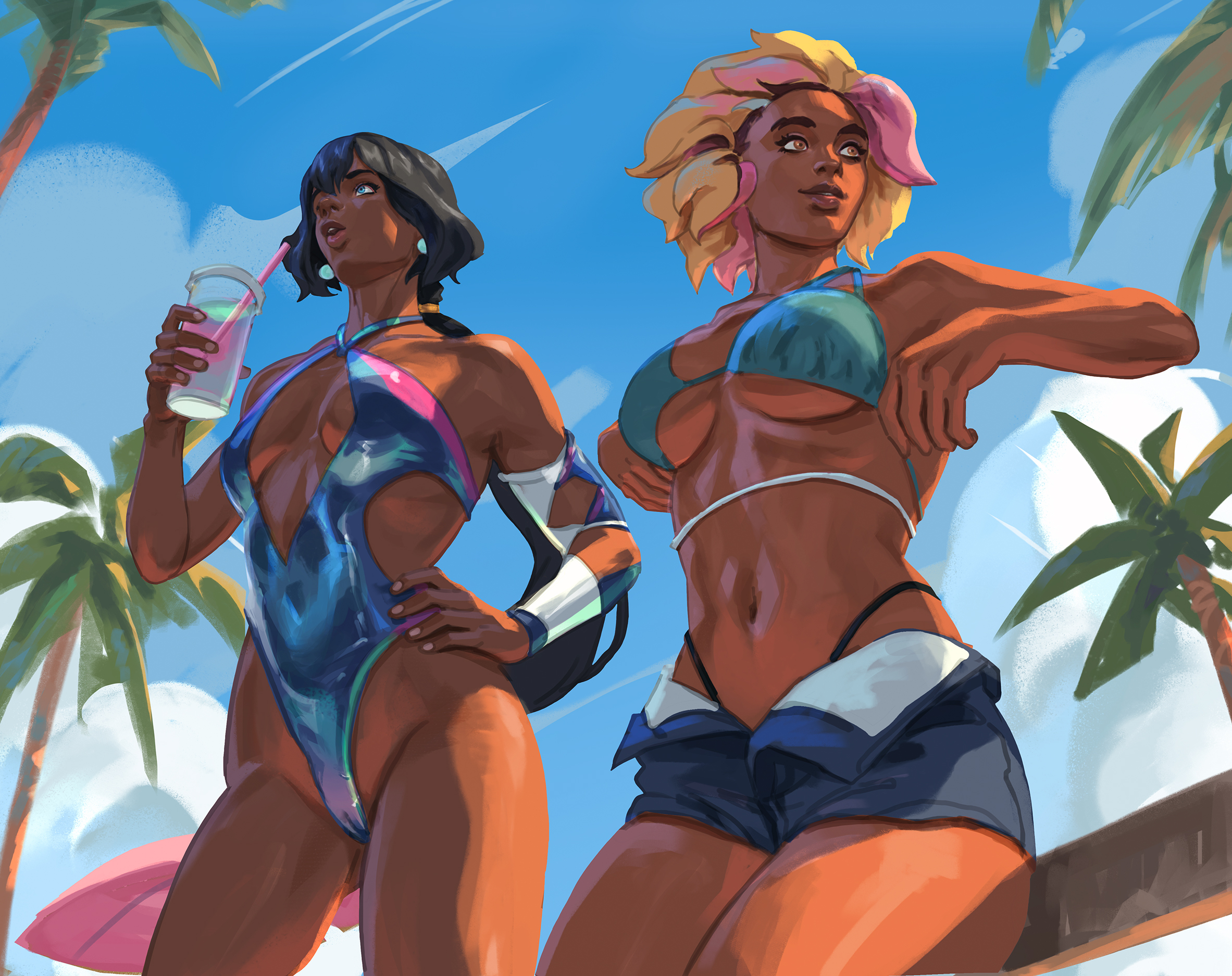 2girls, beach, beach background, big breasts, bikini, bikini bottom, bikini top, black body, black hair, blonde hair, blue eyes, breasts, brown body, brown eyes, clear sky, dark skin, dark-skinned female, drink, drinking, female, female focus, female only, hand on hip, league of legends, leotard, long hair, multicolored hair, nilah, one-piece swimsuit, palm tree, panties visible, pink hair, poo, rell (league of legends), riot games, sexy, sexy body, sexy pose, sideboob, swimsuit, tan body, tan skin, underboob, unzipped, unzipped pants, yellow hair