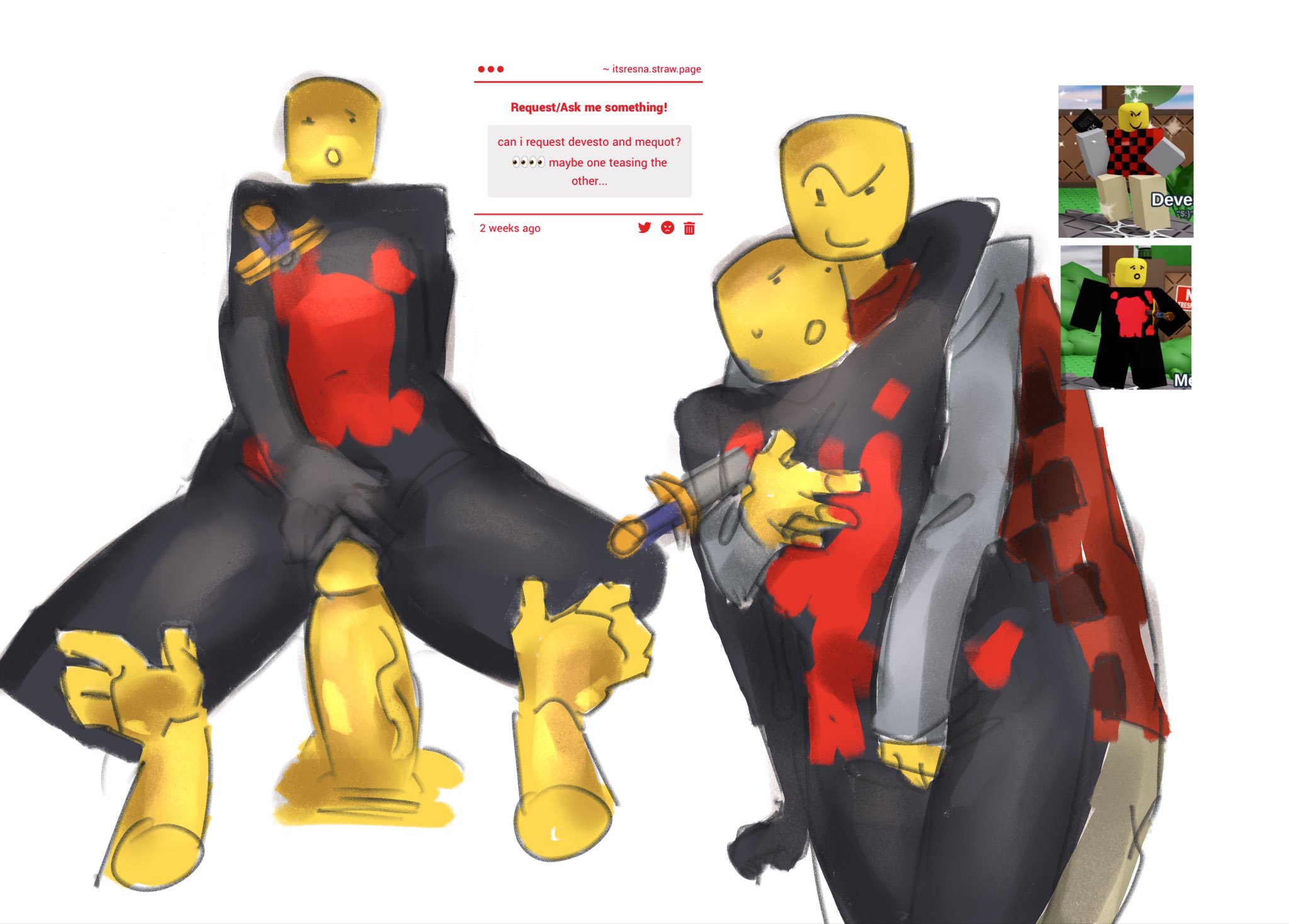 1boy, 1girls, bald, blood, cowgirl position, devesto, die of death (roblox), disembodied hands, disembodied penis, female, male, mequot, penis, reference image, request, roblox, roblox game, robloxian, rrresna, rule 63, self upload, strawpage request, sword, tagme, yellow skin