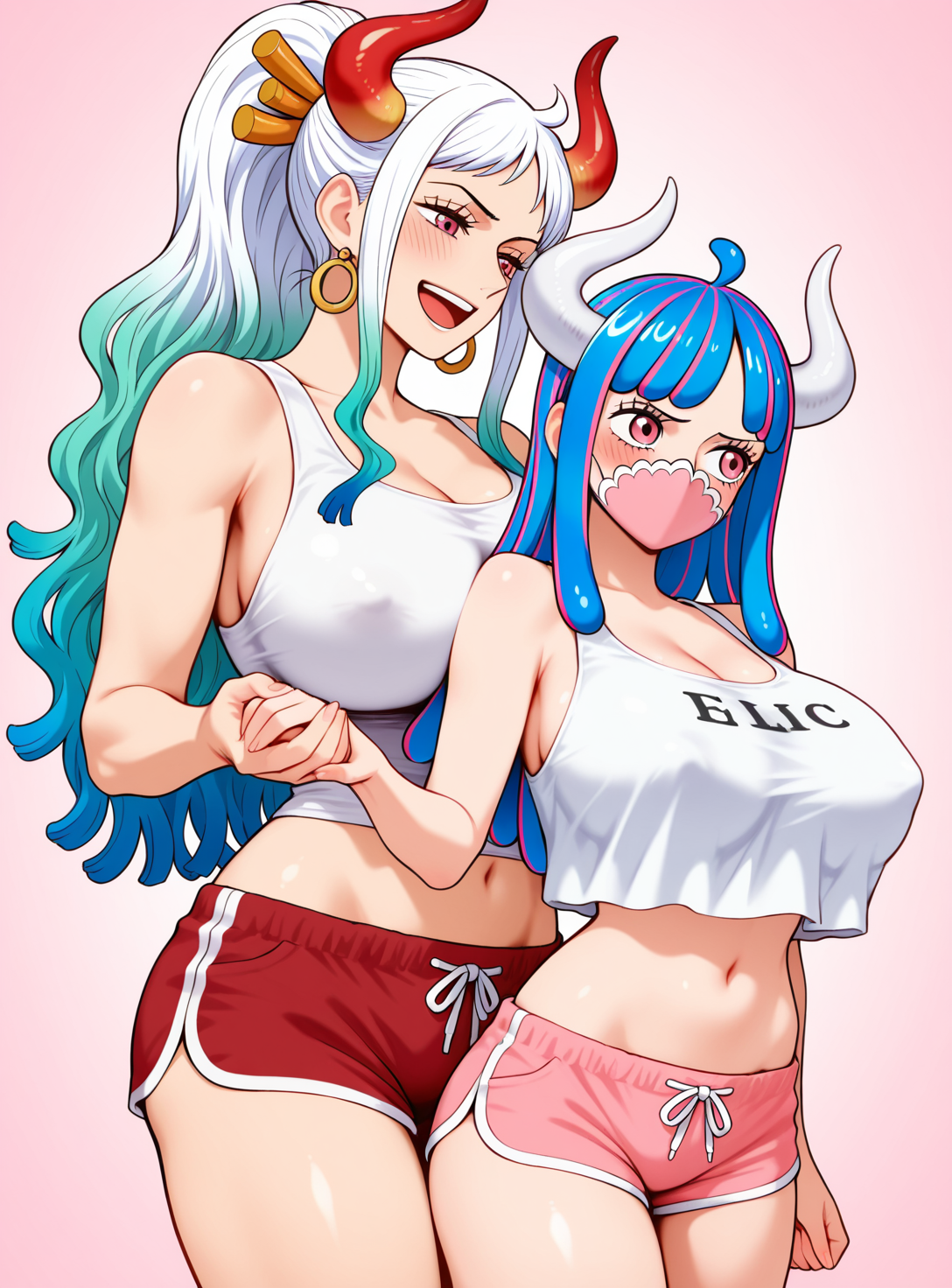 2girls, ai generated, blue hair, blue-haired female, blush, covered nipples, dolphin shorts, female, female only, holding hands, mayihavesomeslops, one piece, size difference, taller female, two-tone hair, ulti (one piece), white hair, white-haired female, yamato (one piece), yuri