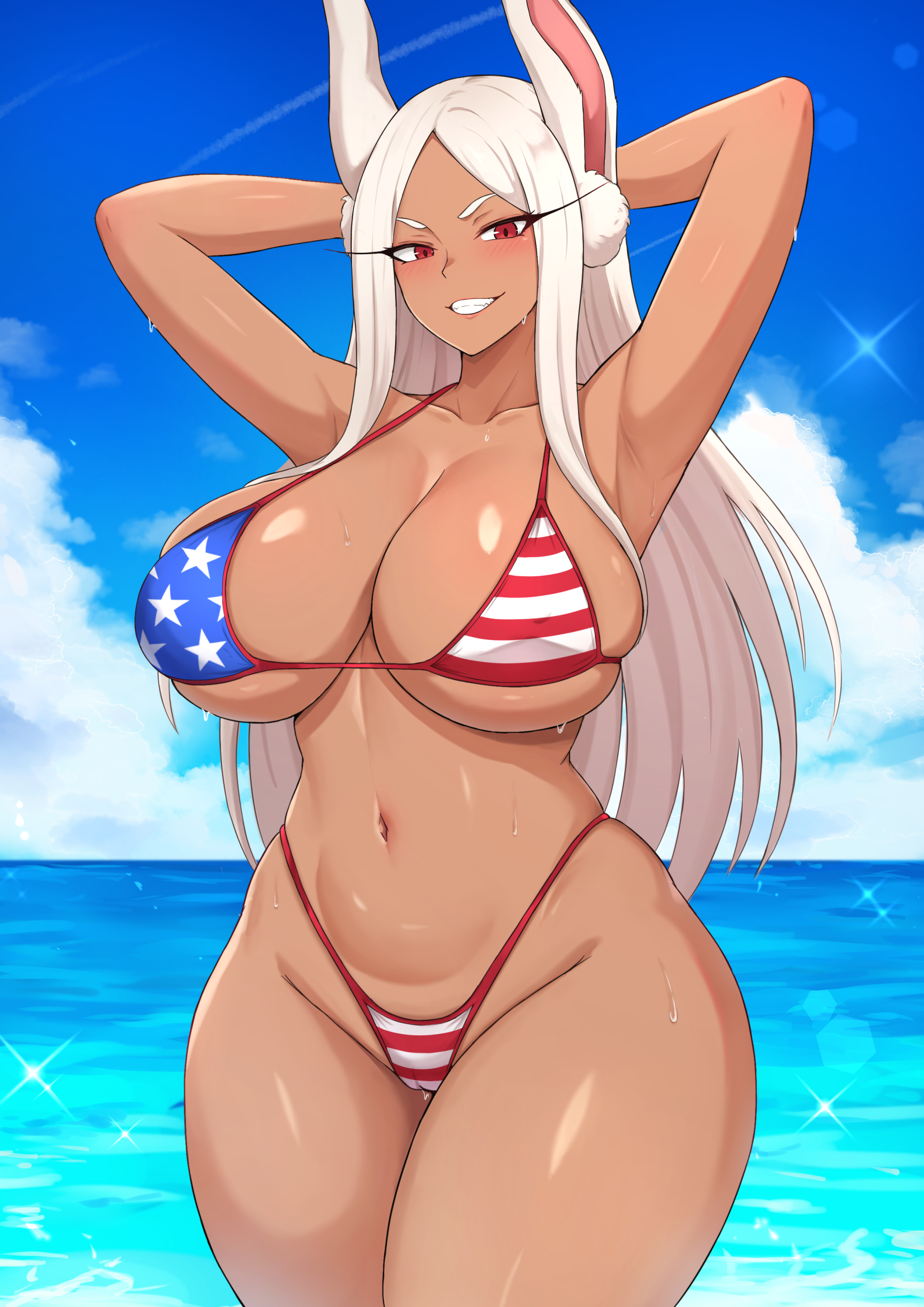1girls, american flag bikini, armpits, arms behind head, big breasts, bikini, bikini bottom, bikini top, bottomwear, breasts, bunny ears, cameltoe, cleavage, female, female only, flag bikini, hair, hips, huge breasts, long hair, miruko, my hero academia, pussy, red eyes, rumi usagiyama, sleeptopi, smile, solo, solo female, sparkles, swimwear, tan skin, thick thighs, thighs, topwear, wet, wet body, white hair, wide hips