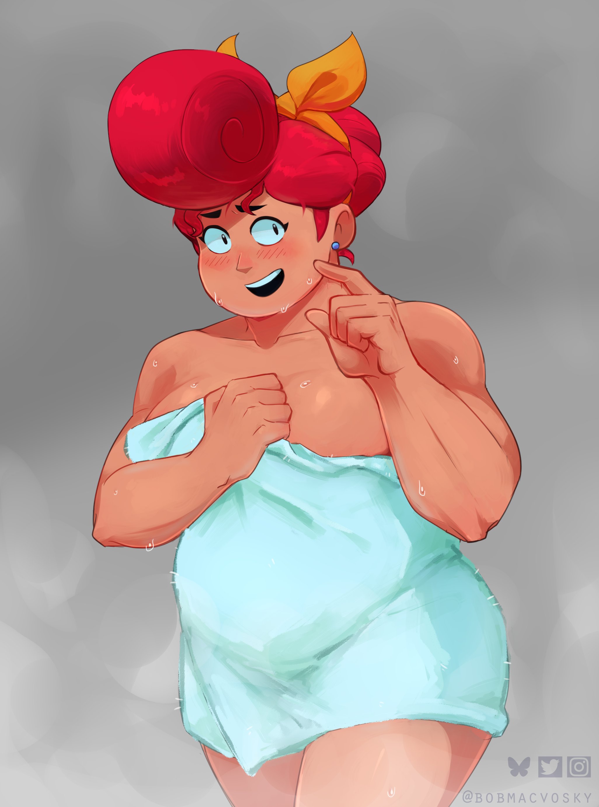 ass, barely clothed, big ass, big breasts, blush, blushing, bobmacvosky, brawl stars, breasts, chubby, chubby female, curvy, embarassed, female, pam (brawl stars), shower, tagme, thick thighs, towel, towel only, wet