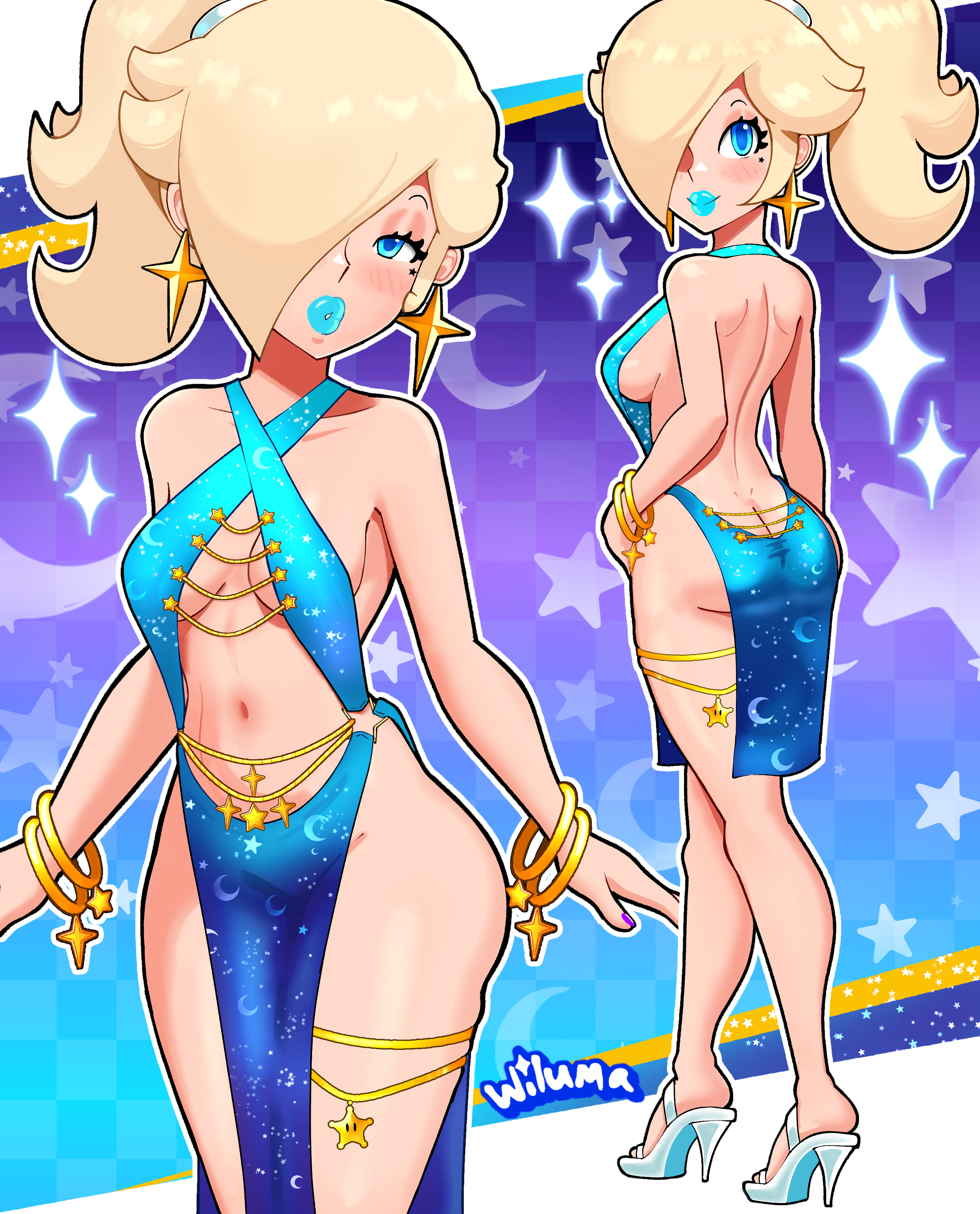 1girls, alternate version available, armwear, ass, big breasts, big lips, bimbo, bimbo lips, blonde hair, blue dress, blue eyes, blue lips, blue lipstick, blush, bracelet, bracelets, breasts, close-up, clothing, dress, ear piercing, earrings, ecchi, female, female only, footwear, full body, gold chain, hair, hair over one eye, half-closed eyes, hand on hip, heels, high heels, hips, jewelry, legs, lips, lipstick, looking back, mario (series), nail polish, nails, nintendo, parted lips, pelvic curtain, plump lips, ponytail, princess rosalina, purple nail polish, purple nails, short dress, smile, solo, solo female, sparkles, star earrings, thick lips, thigh strap, thighs, tied hair, wiluma