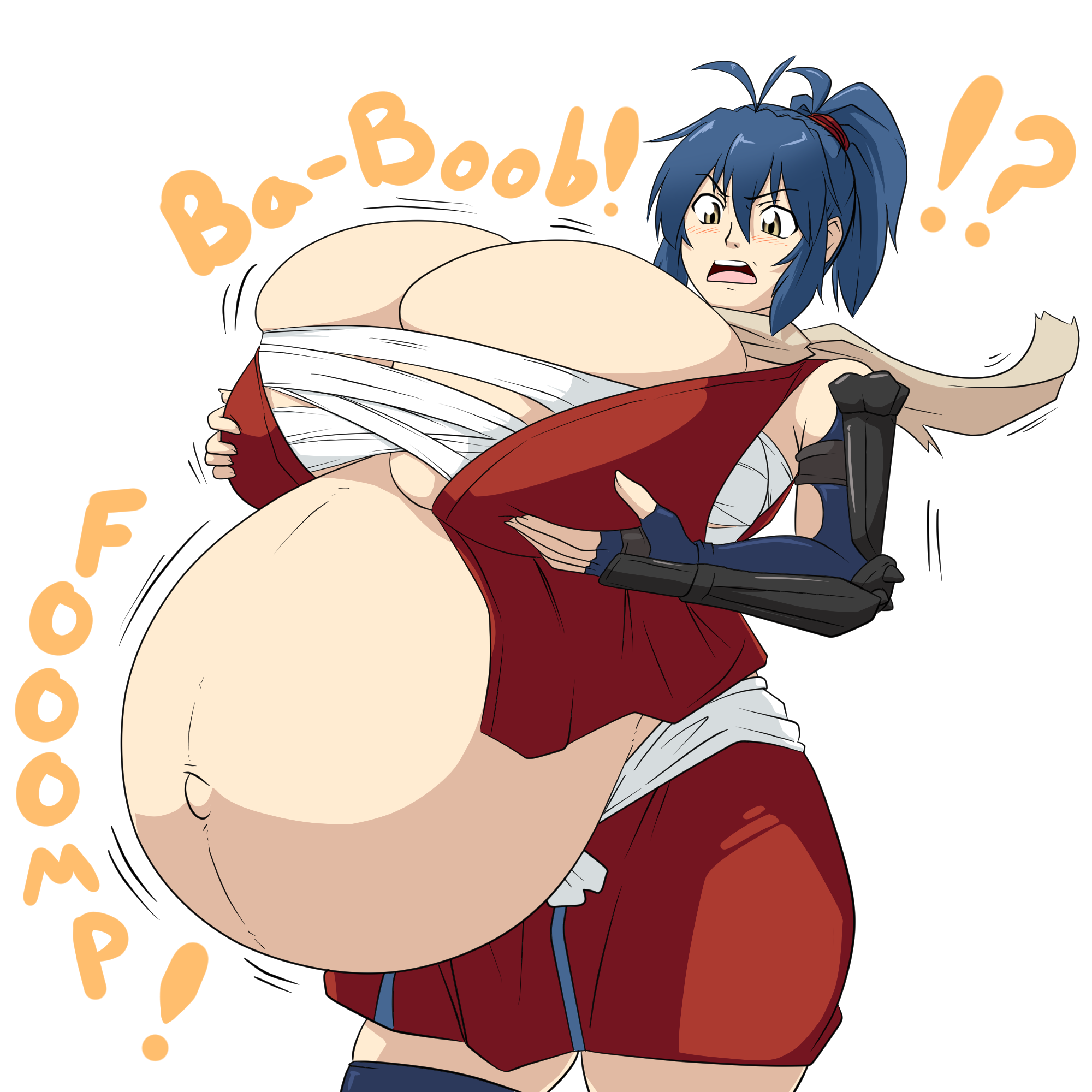 !?, arm guards, belly expansion, big belly, blue hair, blush, breast expansion, breasts, chest sarashi, cleavage, female, female focus, fingerless gloves, gigantic breasts, gloves, highres, himitsu doodles, hyper belly, hyper breasts, manyuu chifusa, manyuu hikenchou, medium hair, navel, ponytail, pregnant, rapid pregnancy, sarashi, scarf, skindentation, solo, thighhighs, yellow eyes