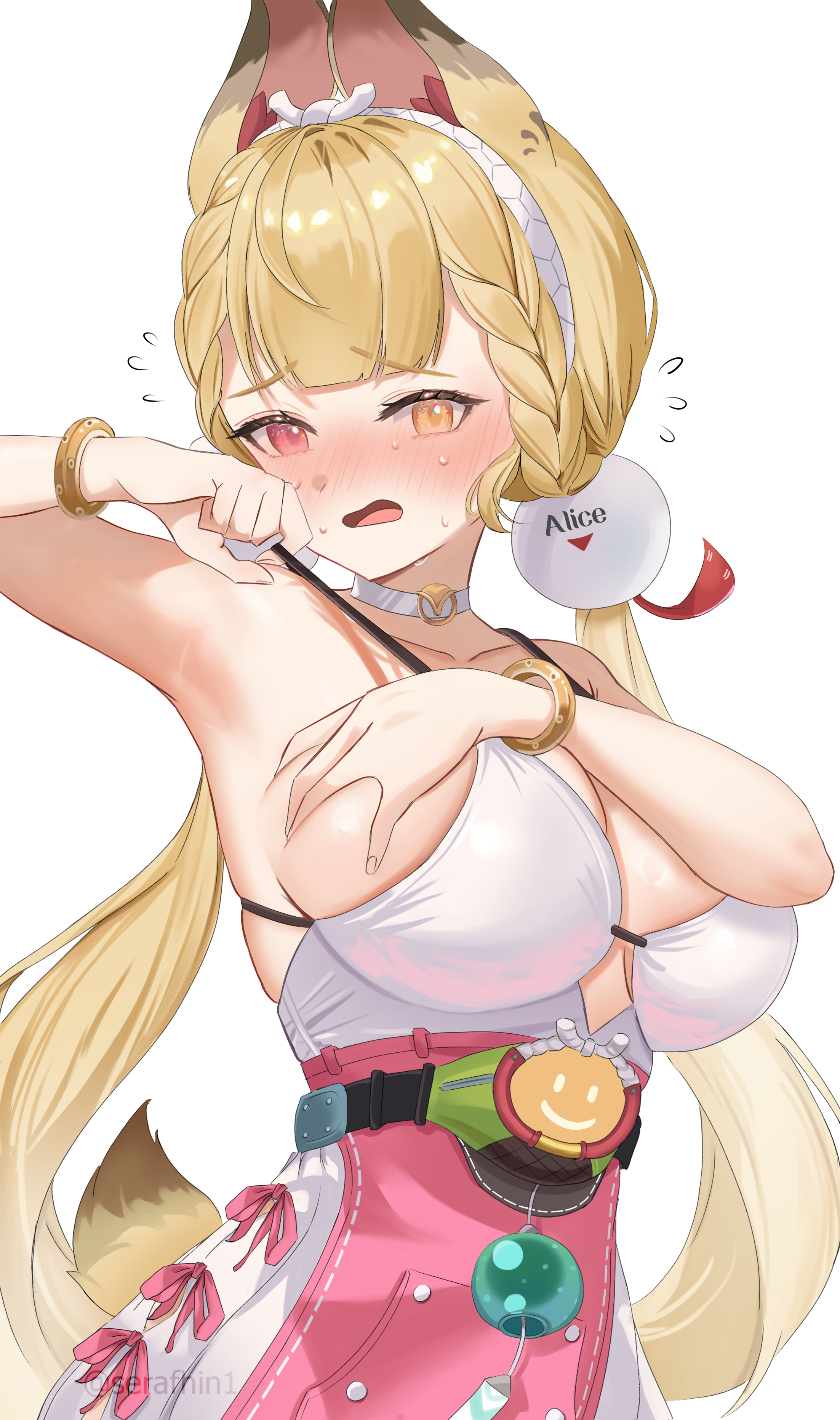 1girls, absurd res, alice thymefield, alice thymefield (sea of thyme), armpits, beach, big breasts, blonde hair, blush, blushing at viewer, breasts, bunny ears, bunny girl, embarrassed, female, heterochromia, highres, large breasts, looking at viewer, official alternate costume, serafhin, swimsuit, twintails, white hairband, zenless zone zero