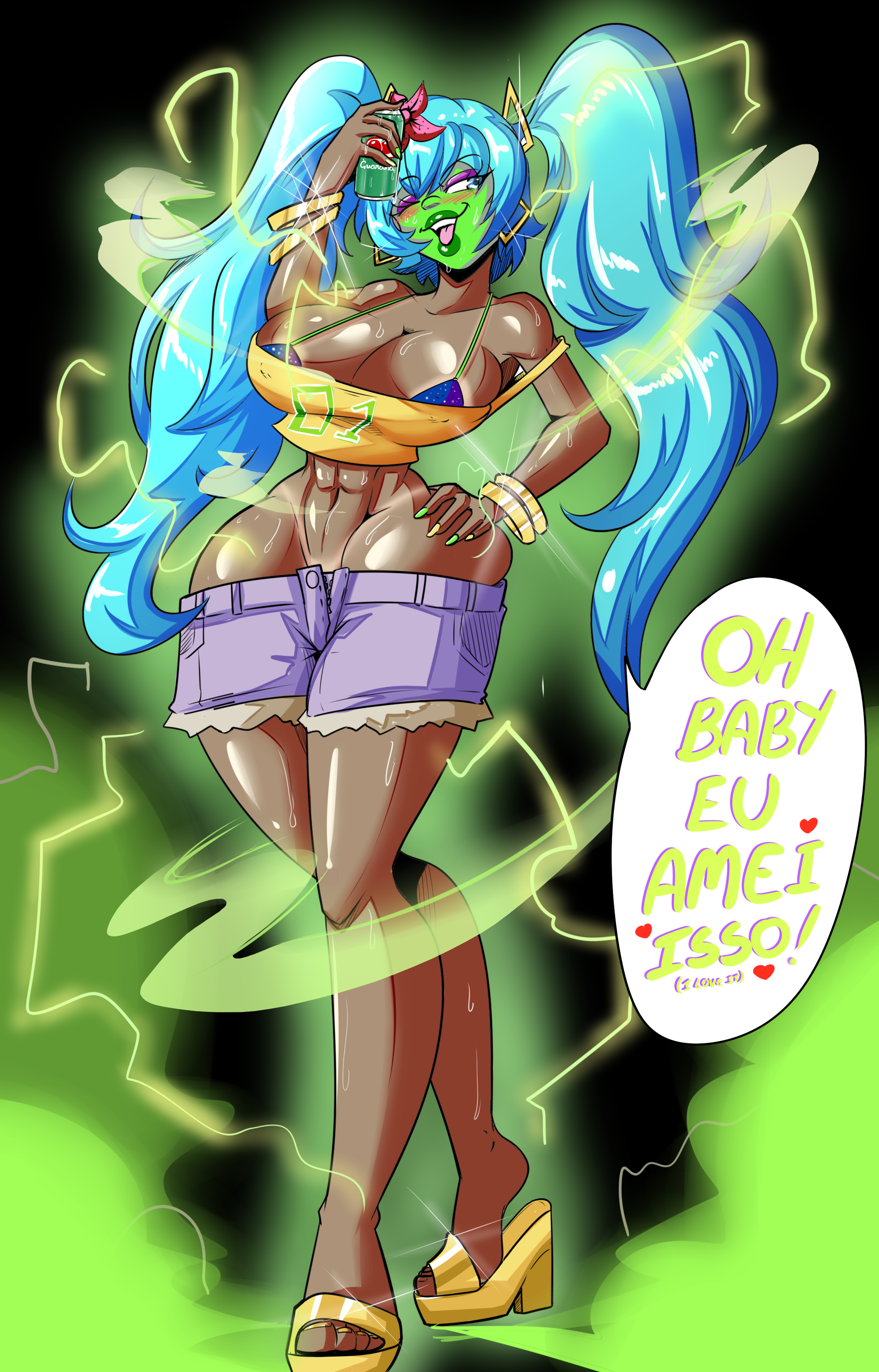 abs, ass, big breasts, blue bra, blue hair, bra, brazilian miku, breasts, dark skin, dark-skinned female, electricity, female, female only, green face, green lipstick, holding drink, lipstick, makeup, mask, megalinx, muscular, muscular female, ripped shorts, she mask, short shorts, shorts, steam, the mask, transformation, twintails, yellow shirt, yellow shoes
