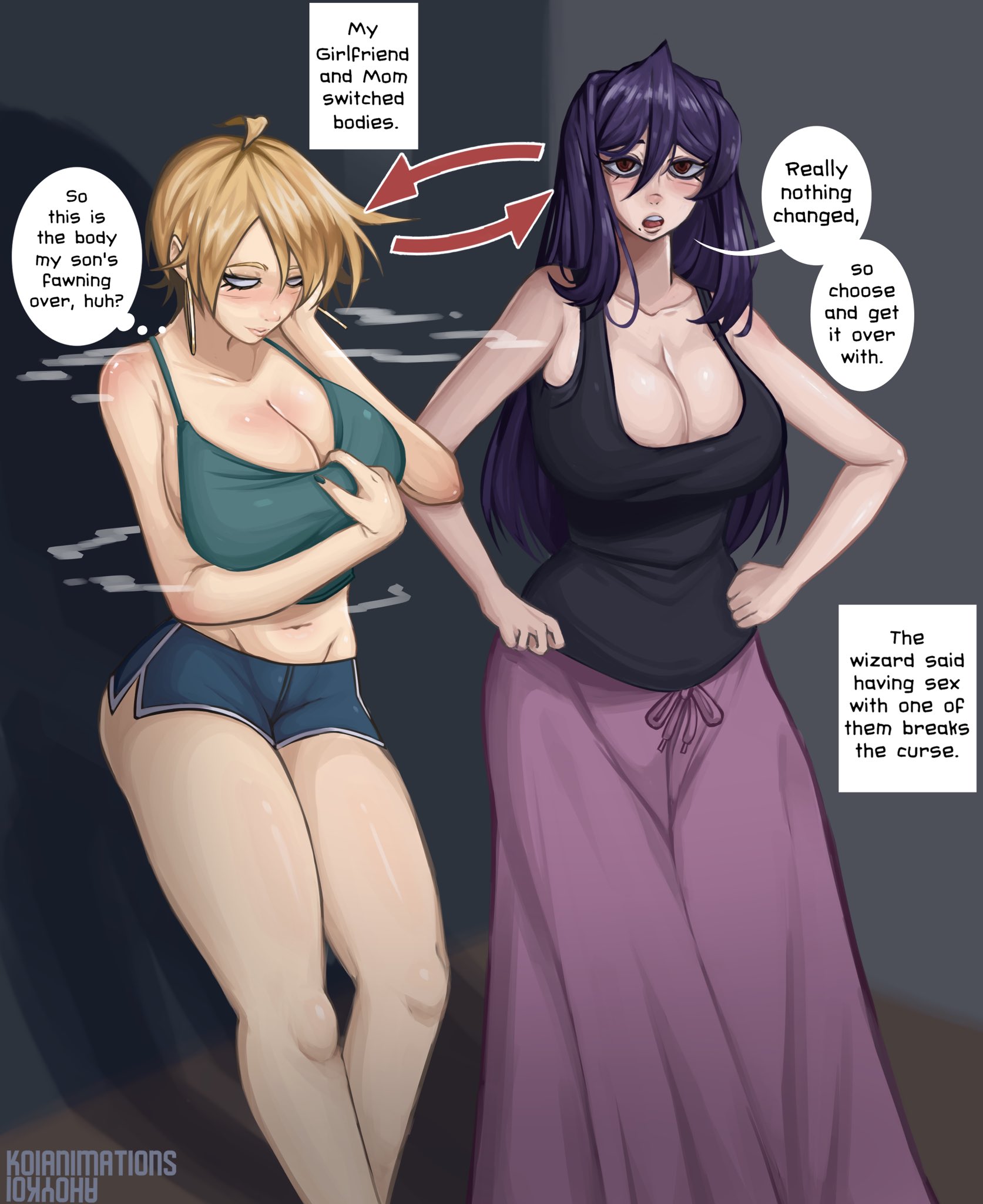 2girls, ahoykoi, ano (anor3xia), body swap, dialogue, english text, female, imminent incest, imminent sex, implied incest, incest, incest play, koianimations, marina (koianimations), text