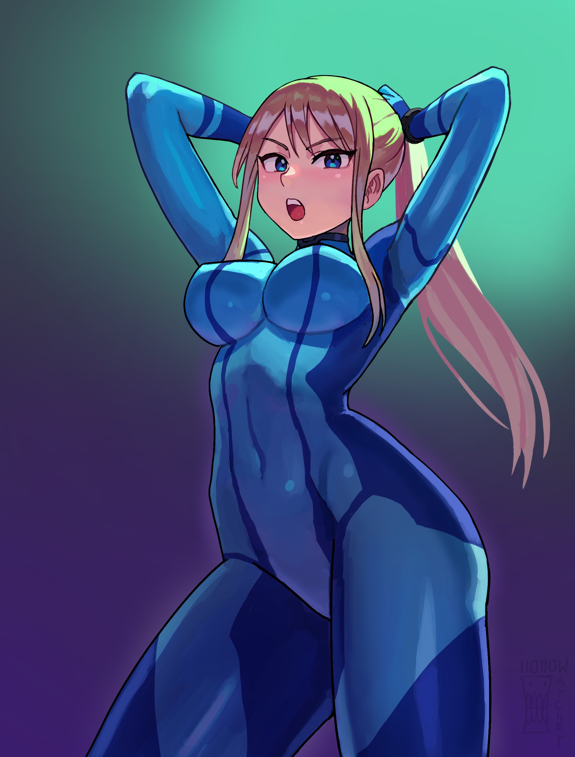 1girls, absurdres, arms up, blonde hair, blue bodysuit, blue eyes, bodysuit, breasts, covered navel, female, female only, fully clothed, highres, hollow watcher, large breasts, long hair, looking at viewer, metroid, nintendo, open mouth, ponytail, samus aran, shiny clothes, solo, teeth, tight clothing, upper teeth only, watcher hollow, zero suit