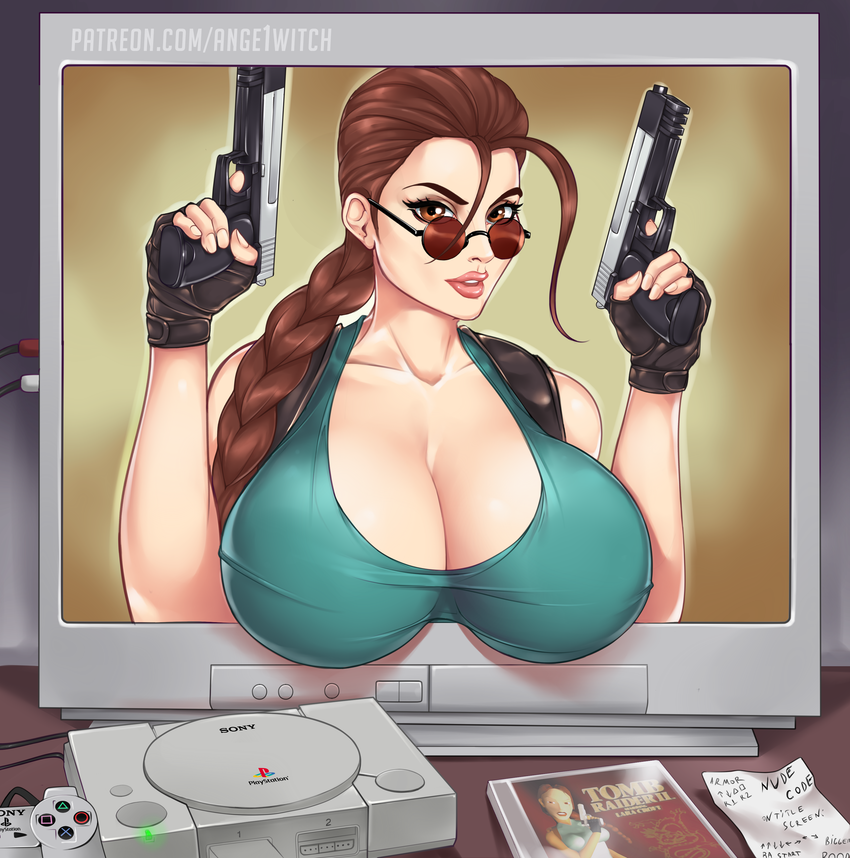 1girls ange1witch bag big_breasts braid breasts brown_hair cleavage clothing console controller dualshock electronics female female_only fingerless_gloves firearm game_console gloves gun handgun huge_breasts human lara_croft lara_croft_(classic) large_breasts lipstick looking_at_viewer looking_over_eyewear looking_over_glasses pistol playstation playstation_controller pop_out red-tinted_eyewear round_glasses solo solo_focus sony sunglasses television through_screen tinted_eyewear tomb_raider tv video_game video_game_controller weapon weapons