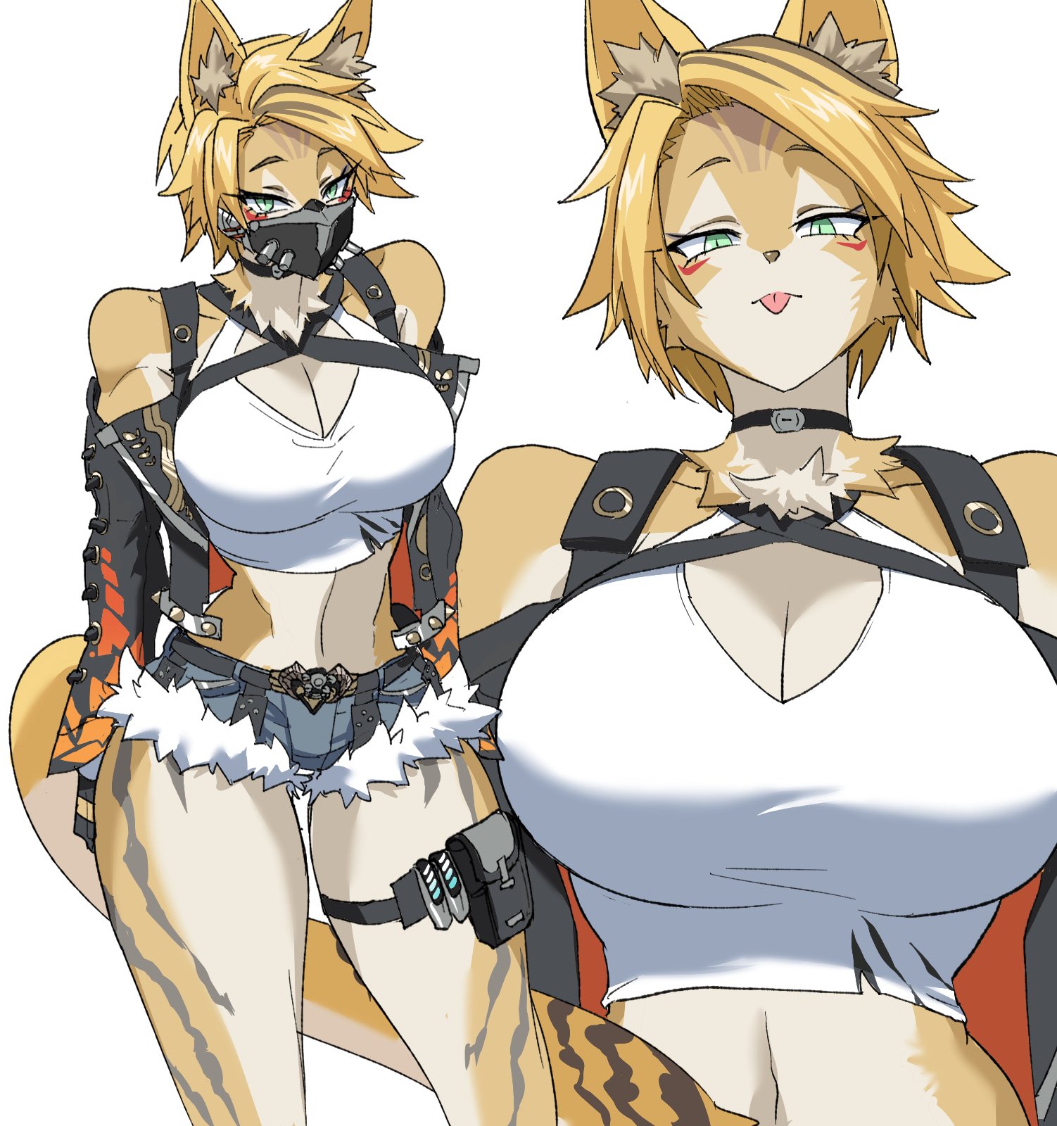1girls, animal ear fluff, animal ears, black mask, blue shorts, body fur, breasts, cat ears, cat girl, cat tail, choker, cleavage, cross-laced sleeves, female, female only, fur trim, fur-trimmed shorts, furry, furry female, green eyes, highres, ilo a5, large breasts, mask, mouth mask, multicolored fur, nasu (ilo a5), pulchra fellini, short hair, shorts, tagme, tail, yellow fur, zenless zone zero