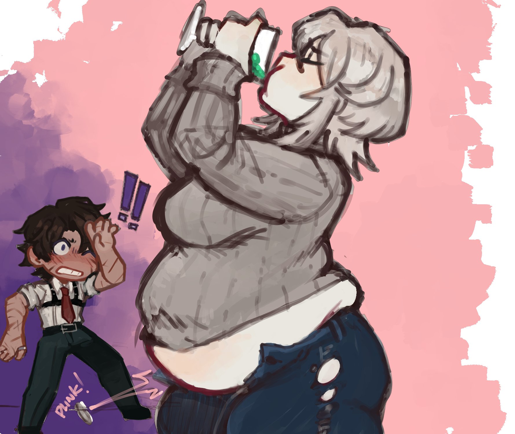 1boy, 1girls, belly, big breasts, breasts, button pop, chubby, drinking, drinking wine, fairy wine, fat, fat belly, faust (limbus company), female, heathcliff (limbus company), kaibutsuorochi, limbus company, male, obese, project moon, transformation, transformation sequence, weight gain