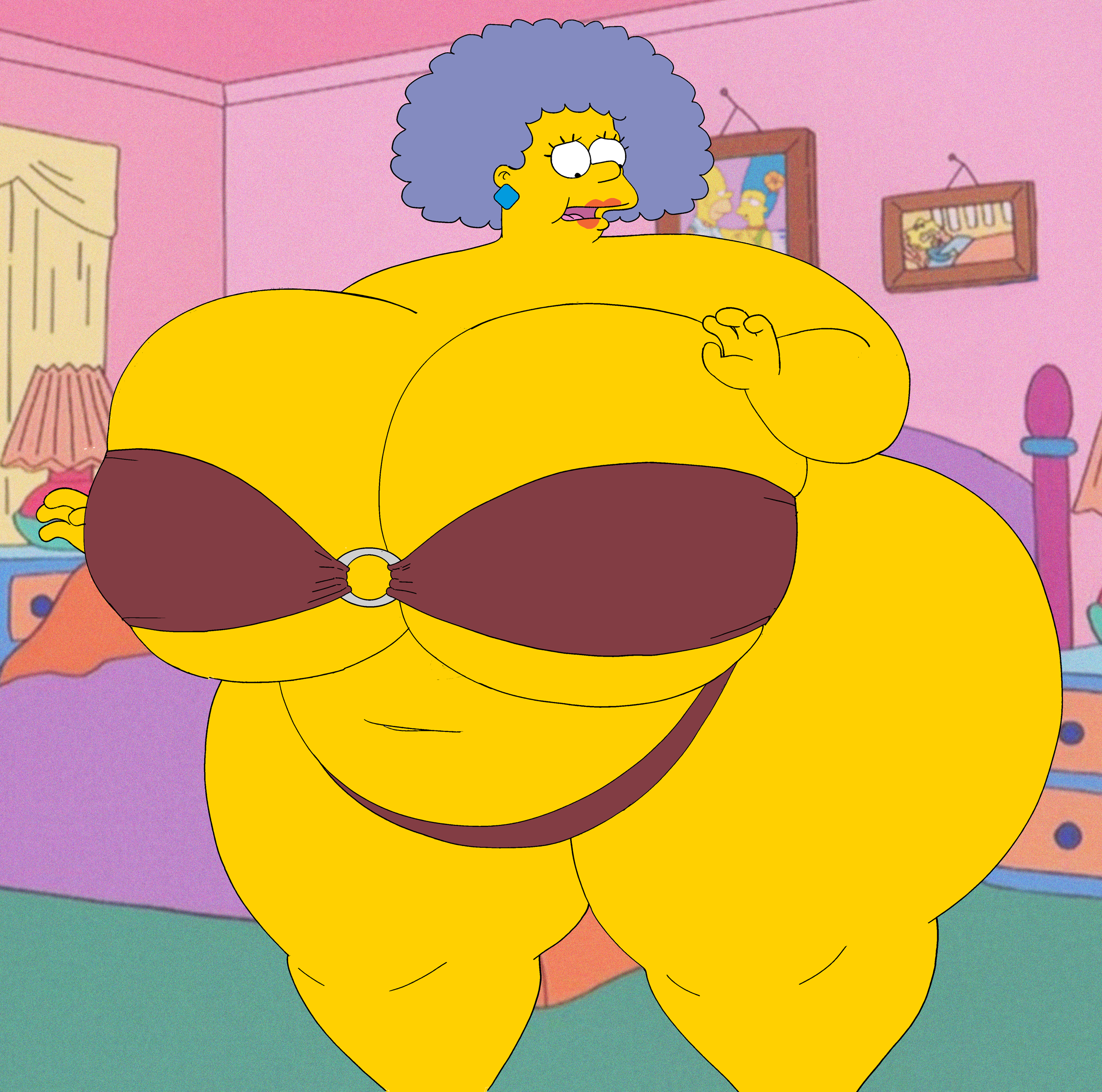 1girls, 20th century fox, 20th century studios, after transformation, alternate version available, ass, bart simpson, bbw, bedroom, belly, big breasts, bikini, breasts, earrings, enormous ass, enormous breasts, fat, fat ass, fat belly, feet out of frame, female, female only, genderswap (mtf), gilf, gilfification, hi res, highres, huge belly, huge thighs, massive ass, massive breasts, morbidly obese, morbidly obese female, mtf crossgender, obese, obese female, post-transformation, purple hair, red lipstick, rule 63, saturnxart, selma bouvier, solo, solo female, ssbbw, the simpsons, thighs, transformation, weight gain, yellow skin