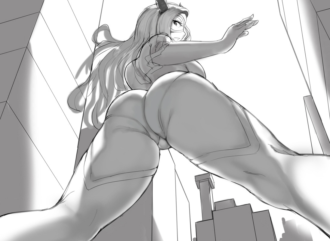 city, female, female only, giantess, looking back, looking down, monochrome, mount lady, my hero academia, sketch, solo, tagme, thegoldensmurf, yuu takeyama