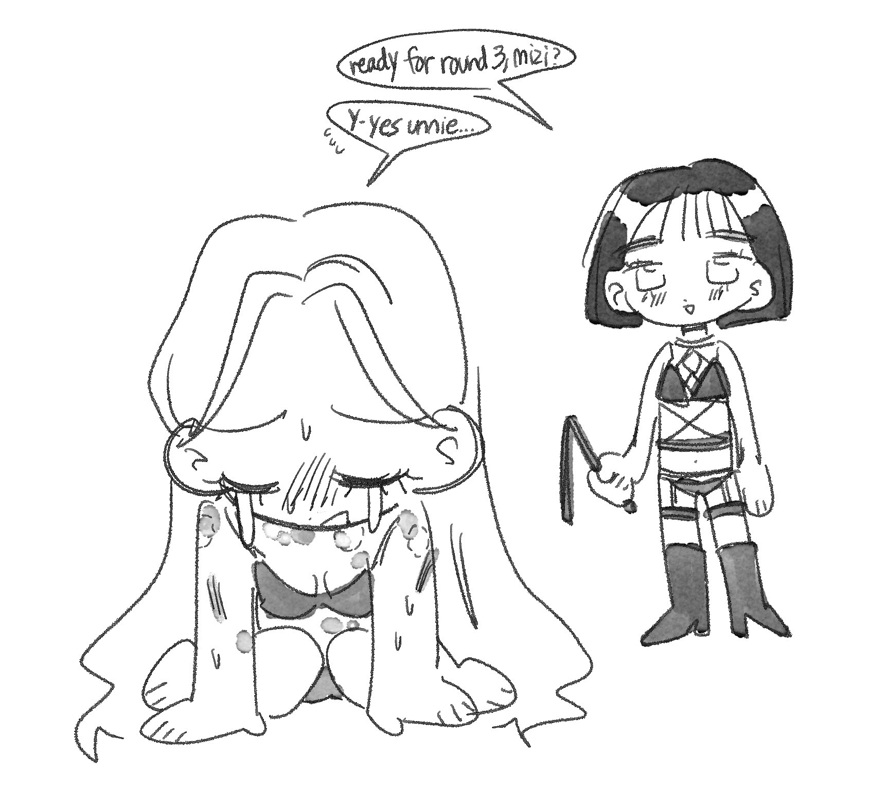2girls, after sex, alien stage, boots, bra, closed eyes, crying, female, greyscale, hickey, holding whip, lingerie, long hair, mizi (alien stage), short hair, sitting, sketch, sua (alien stage), tears, tired, y4ntaoist, yuri