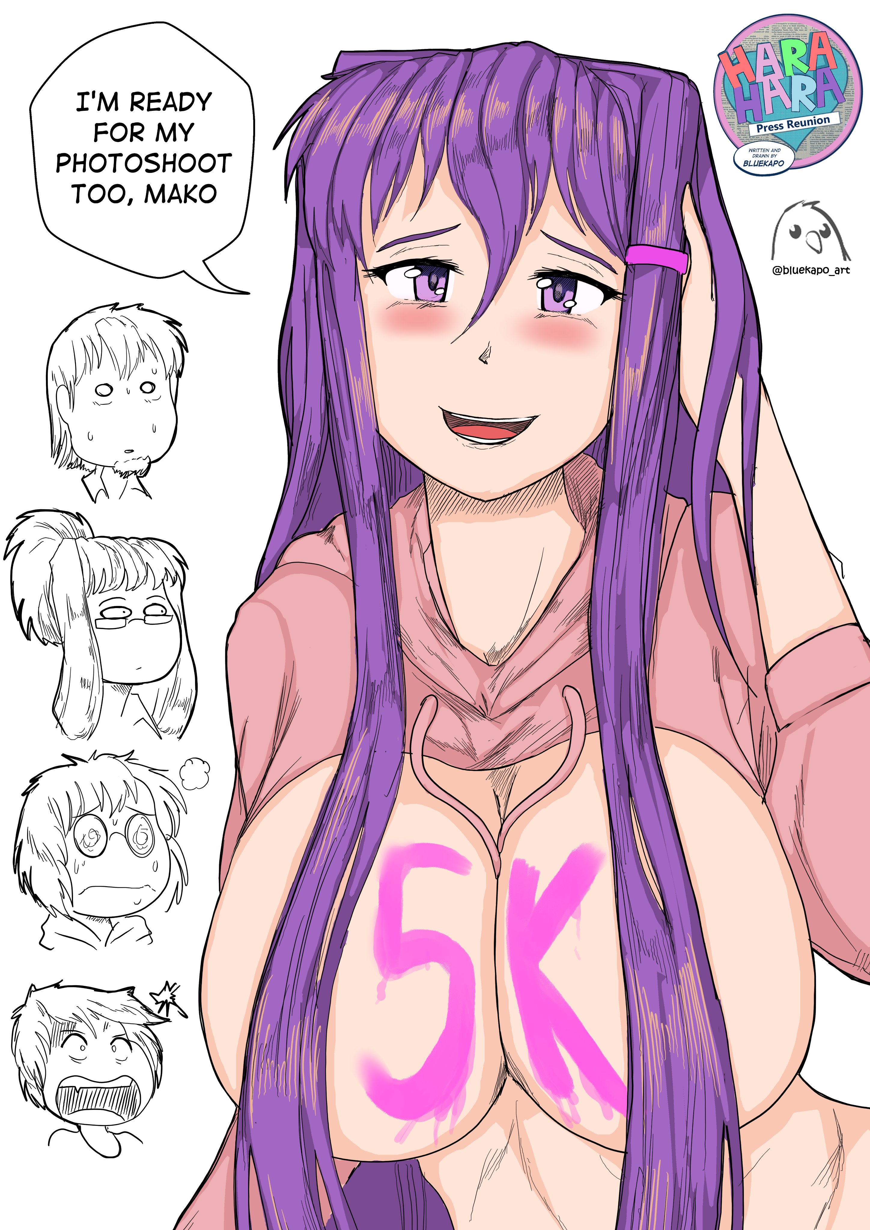1girls, arm over breasts, big breasts, bluekapo, blush, breasts, breasts out, busty, cleavage, clothed, clothing, doki doki literature club, female, monika (doki doki literature club), natsuki (doki doki literature club), original character, purple hair, sayori (doki doki literature club), yuri (doki doki literature club)