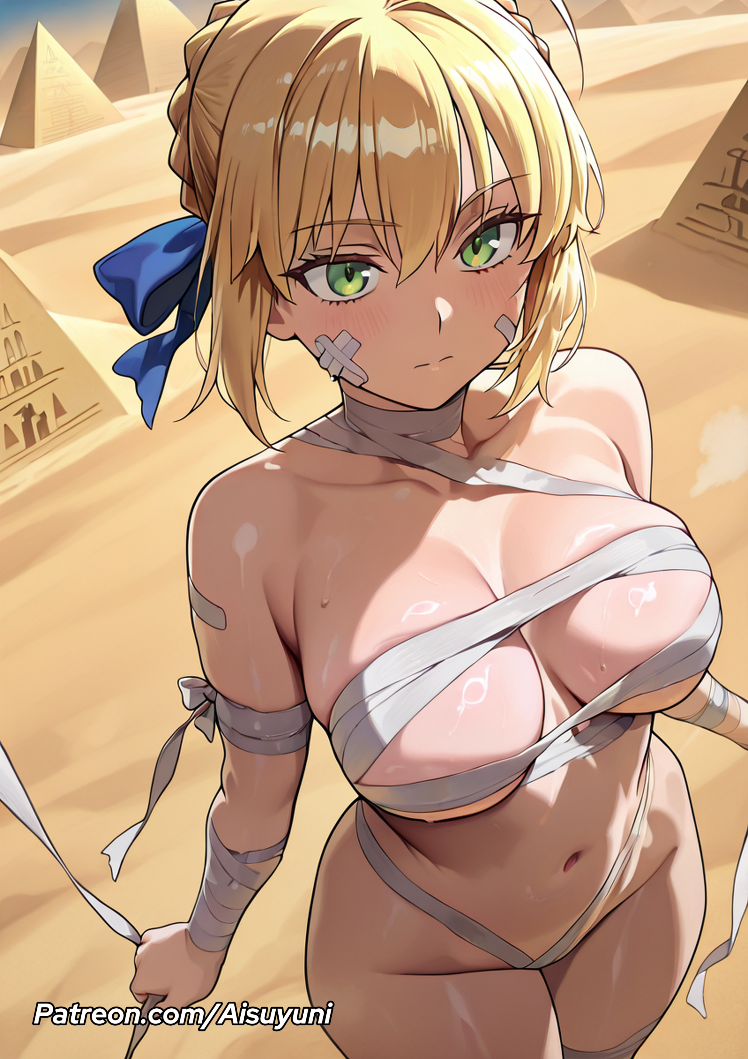1girls, ai generated, aisuyuni, artoria pendragon, artoria pendragon (fate), bandages, big breasts, blonde hair, blue ribbon, blush, breasts, fate (series), female, female only, green eyes, light skin, light-skinned female, ribbon, saber, sand, solo