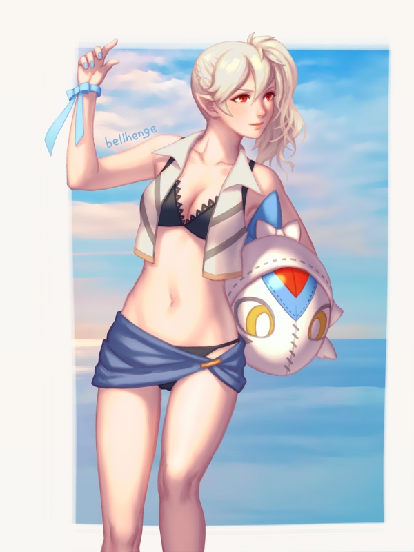 bellhenge bikini bikini_bottom bikini_top breasts cleavage corrin_(fire_emblem) corrin_(fire_emblem)_(female) crop_top elf female female_only fire_emblem fire_emblem_fates navel nintendo outdoors plushie pointy_ears red_eyes ribbon solo swimsuit swimsuit_under_clothes thighs vest white_hair