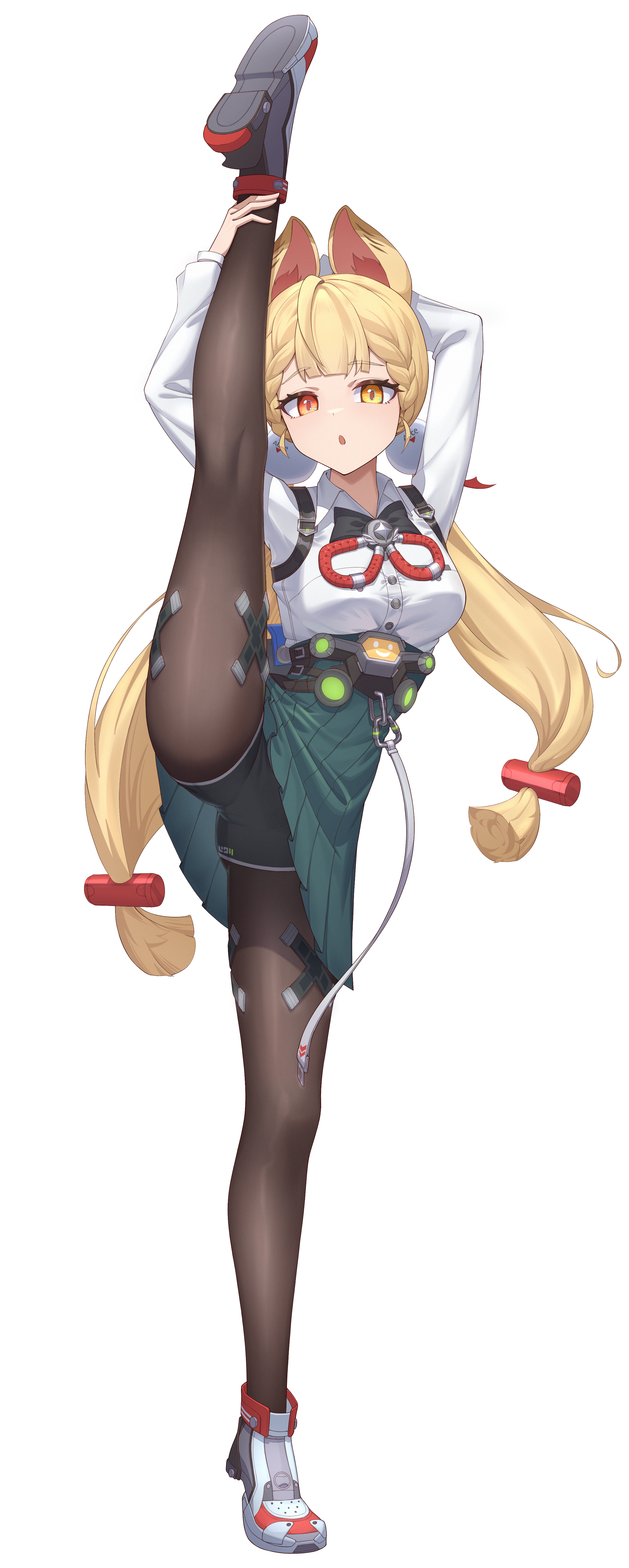1girls, absurd res, alice thymefield, animal ears, belt, blonde female, blonde hair, breasts, bunny ears, bunny girl, female, fully clothed, green skirt, heterochromia, hoyoverse, leggings, long hair, medium breasts, mihoyo, minishorts, orange eyes, red eyes, spread legs, spreading, zenless zone zero