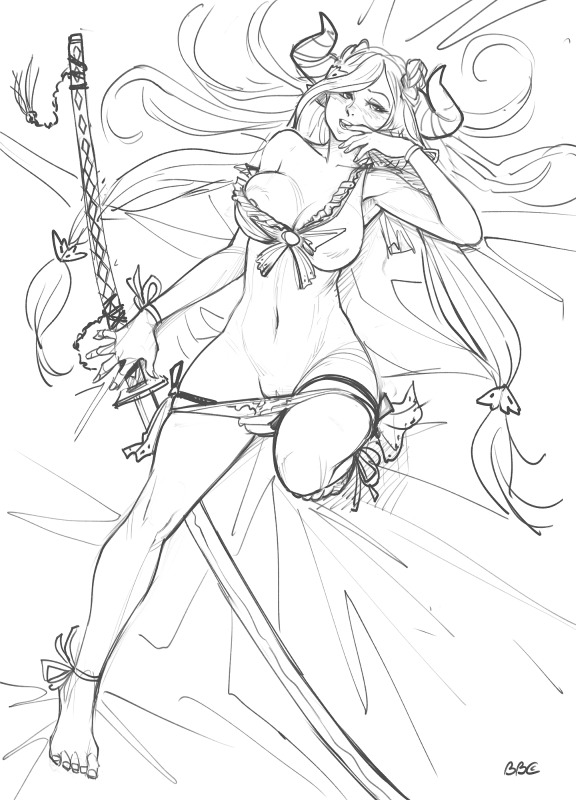 ankle_bracelets ankle_ribbon arm_ribbon bbc-chan bra bracelet breast_slip female granblue_fantasy horns long_hair lying narmaya_(granblue_fantasy) nipple_slip nodachi panties panty_pull ribbon sketch solo underwear weapon