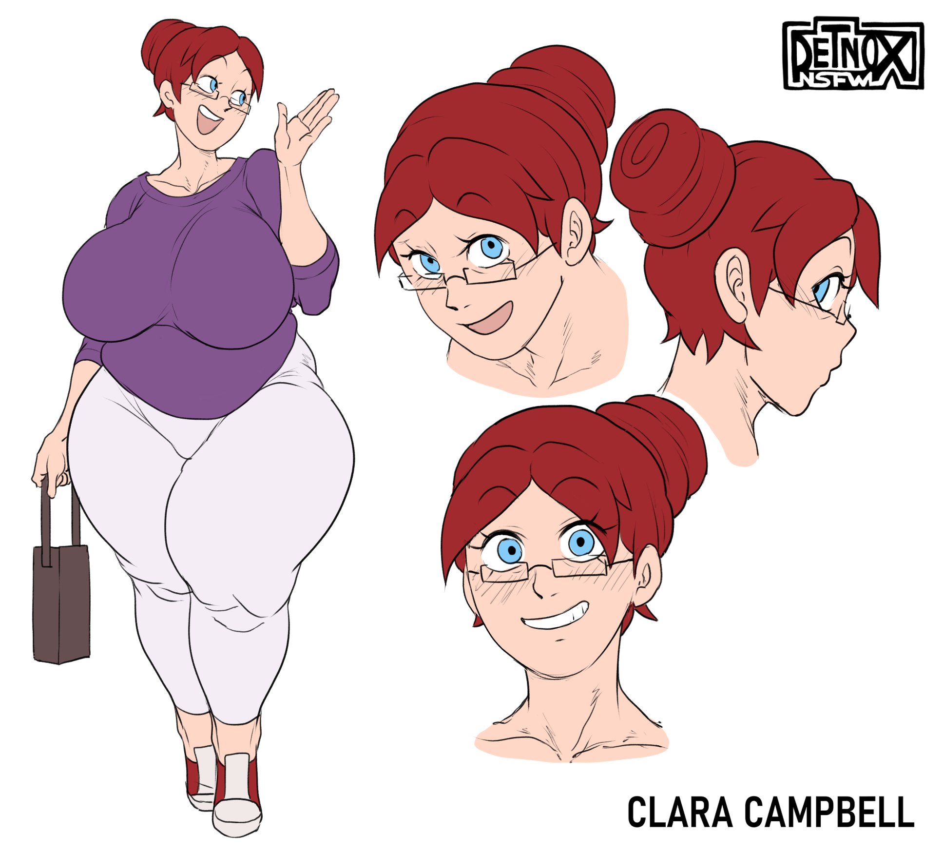 1girls, ass, big ass, big breasts, big thighs, blue eyes, breasts, character name, character sheet, chubby female, clara (detnox), clothed, detnox, female, glasses, huge ass, huge breasts, huge thighs, light skin, light-skinned female, looking at viewer, original, pale skin, pale-skinned female, red hair, red head, smile, smiling, smiling at viewer, taller female, tied hair, voluptuous, voluptuous female