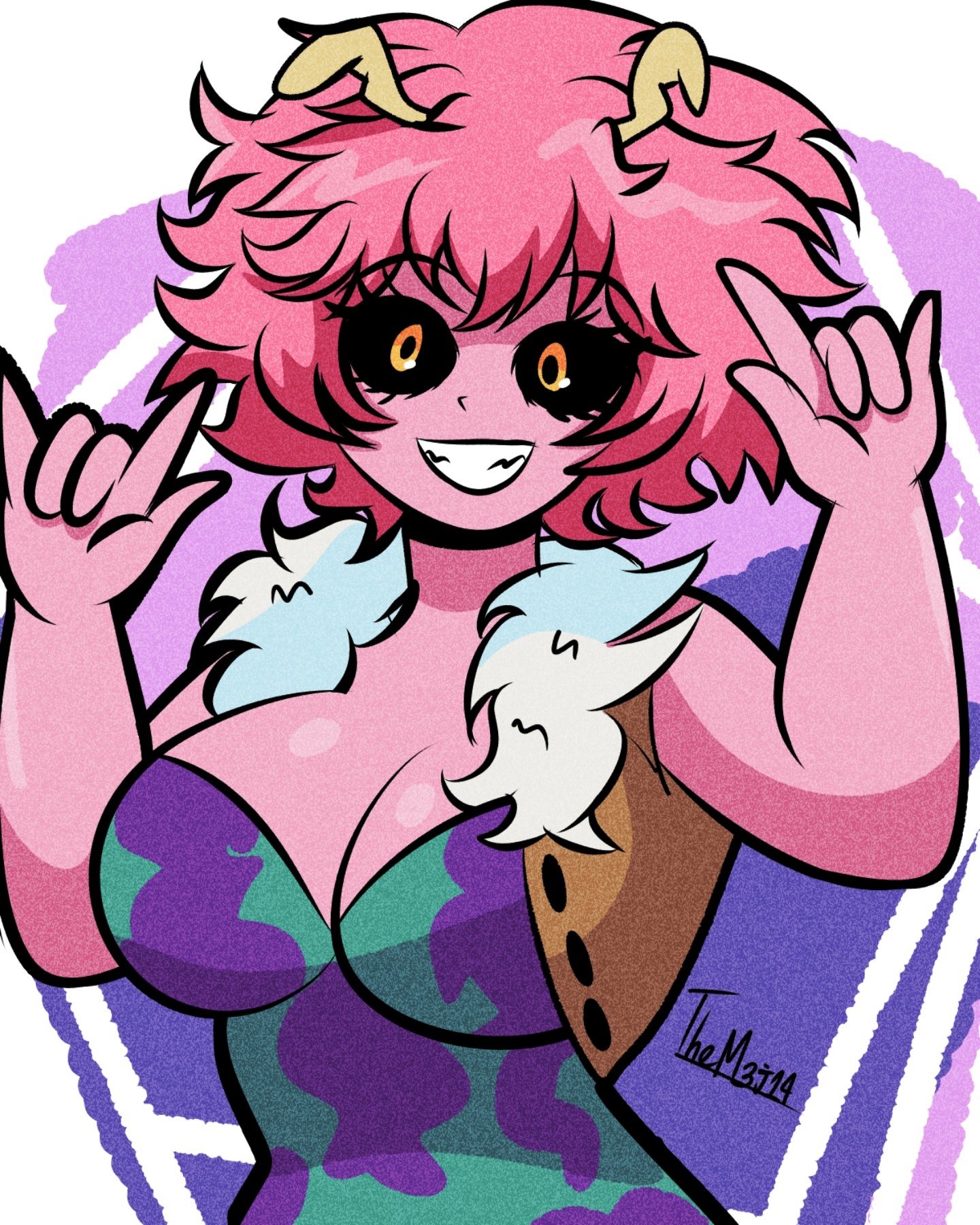big breasts, big thighs, big titties, breasts, clothing, curvaceous, curvaceous female, curvaceous figure, curvy, curvy figure, curvy hips, diego mejia, female, female focus, female only, fully clothed, hero outfit (mha), looking at viewer, mina ashido, my hero academia, pink body, pink hair, pink skin, rubber, short hair, sweat, teenager, yellow eyes