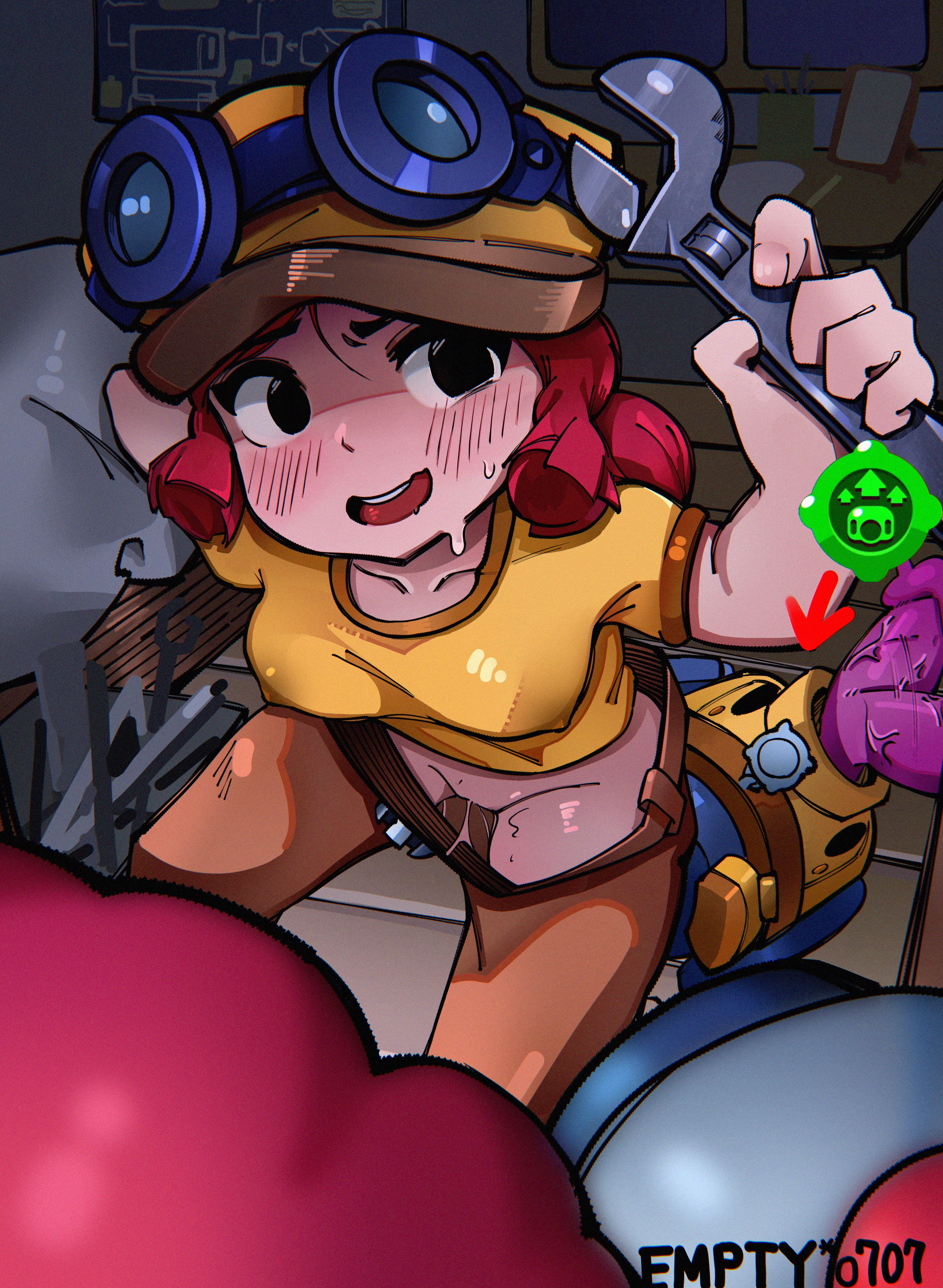 1girls, belt, blush, brawl stars, caught, emptyempty0707, female, goggles, hat, jessie (brawl stars), nani (brawl stars), pam (brawl stars), pants, pants down, red hair, shirt, sweat, turret, wrench